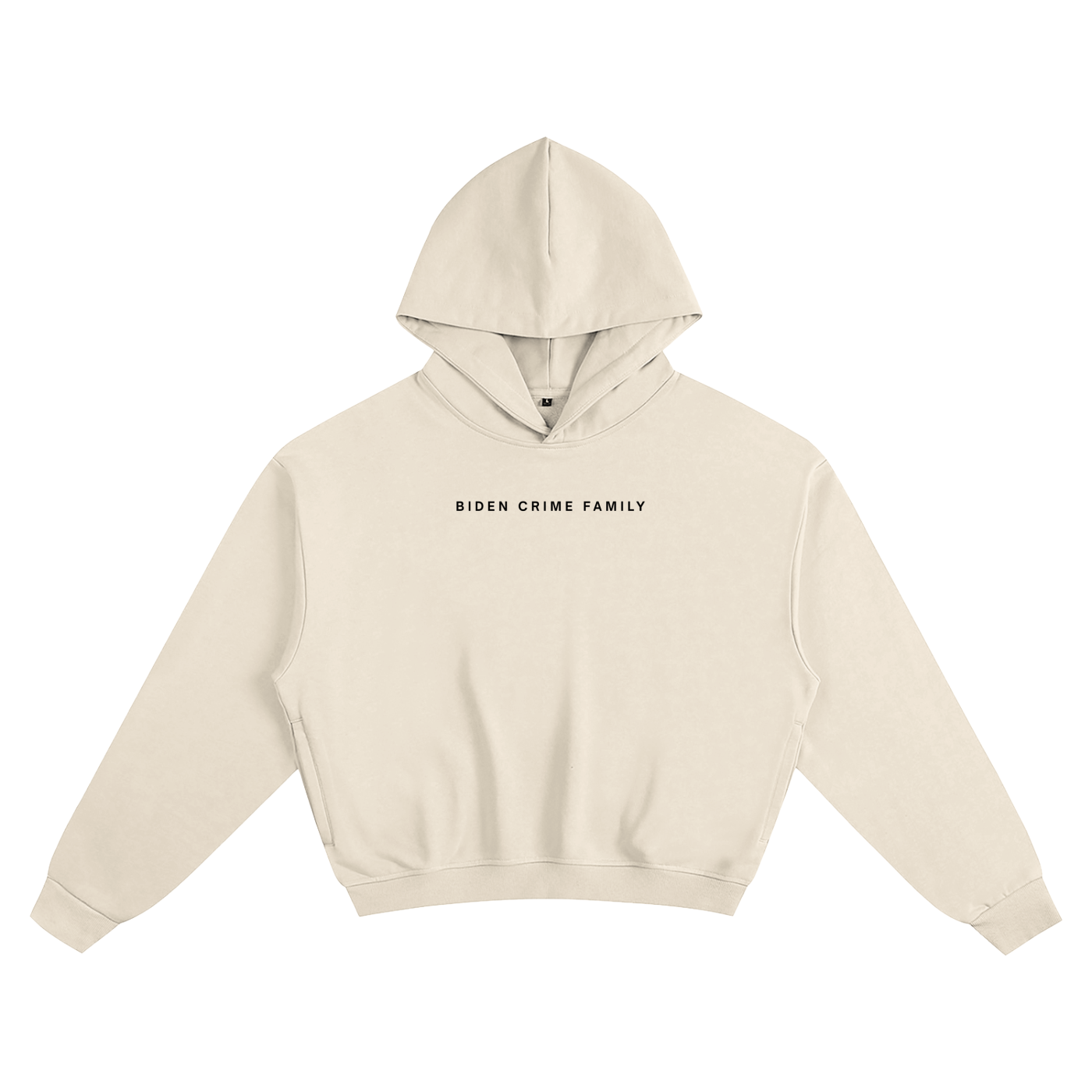 beige boxy hoodie with minimal text 'biden crime family'