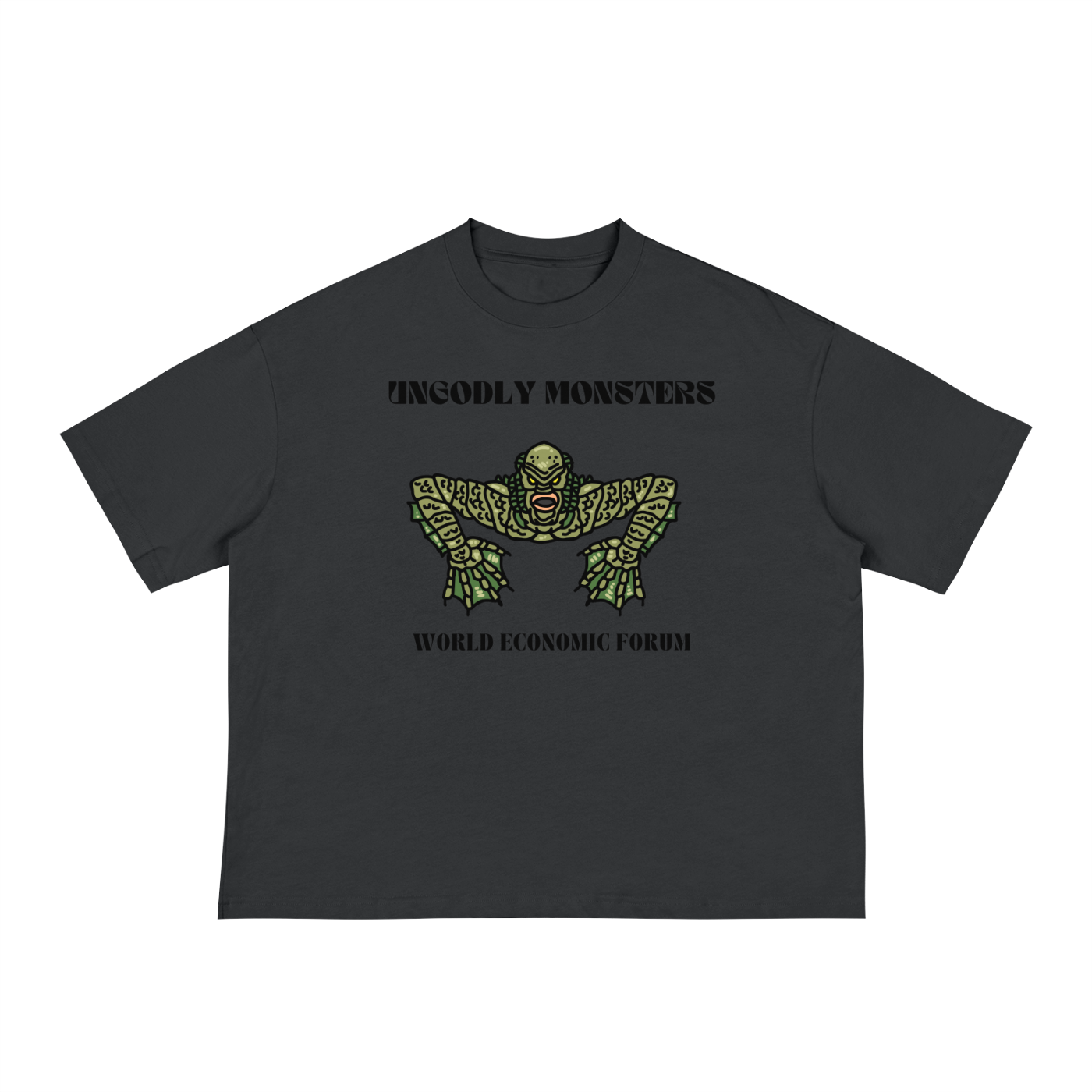 wef graphic tee in black with graphic monster and ungodly monsters print