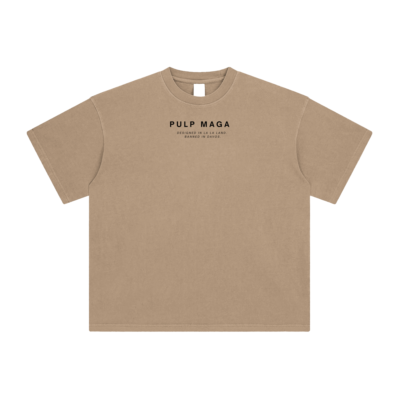 camel pulp maga logo tee with banned in davos minimal print