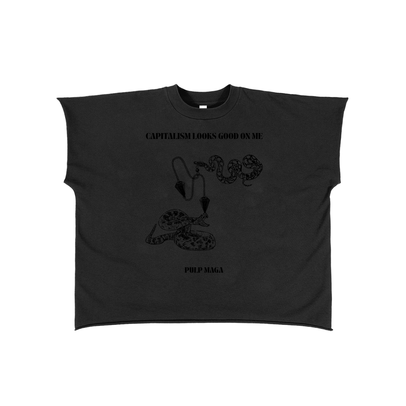 black streetwear t-shirt with rock core aesthetic featuring art snake illustration and maga tagline 'capitalism looks good on me'