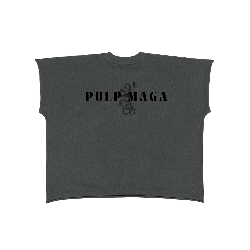 pulp maga gray raw edge tee with signature logo in maximal design