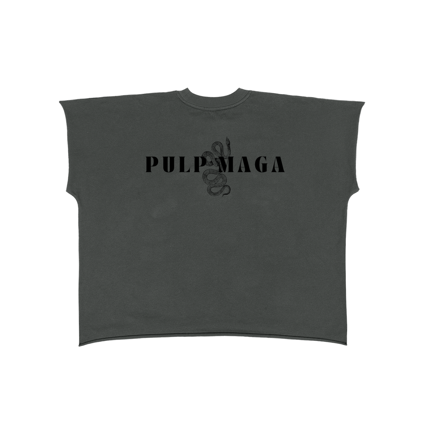 pulp maga gray raw edge tee with signature logo in maximal design