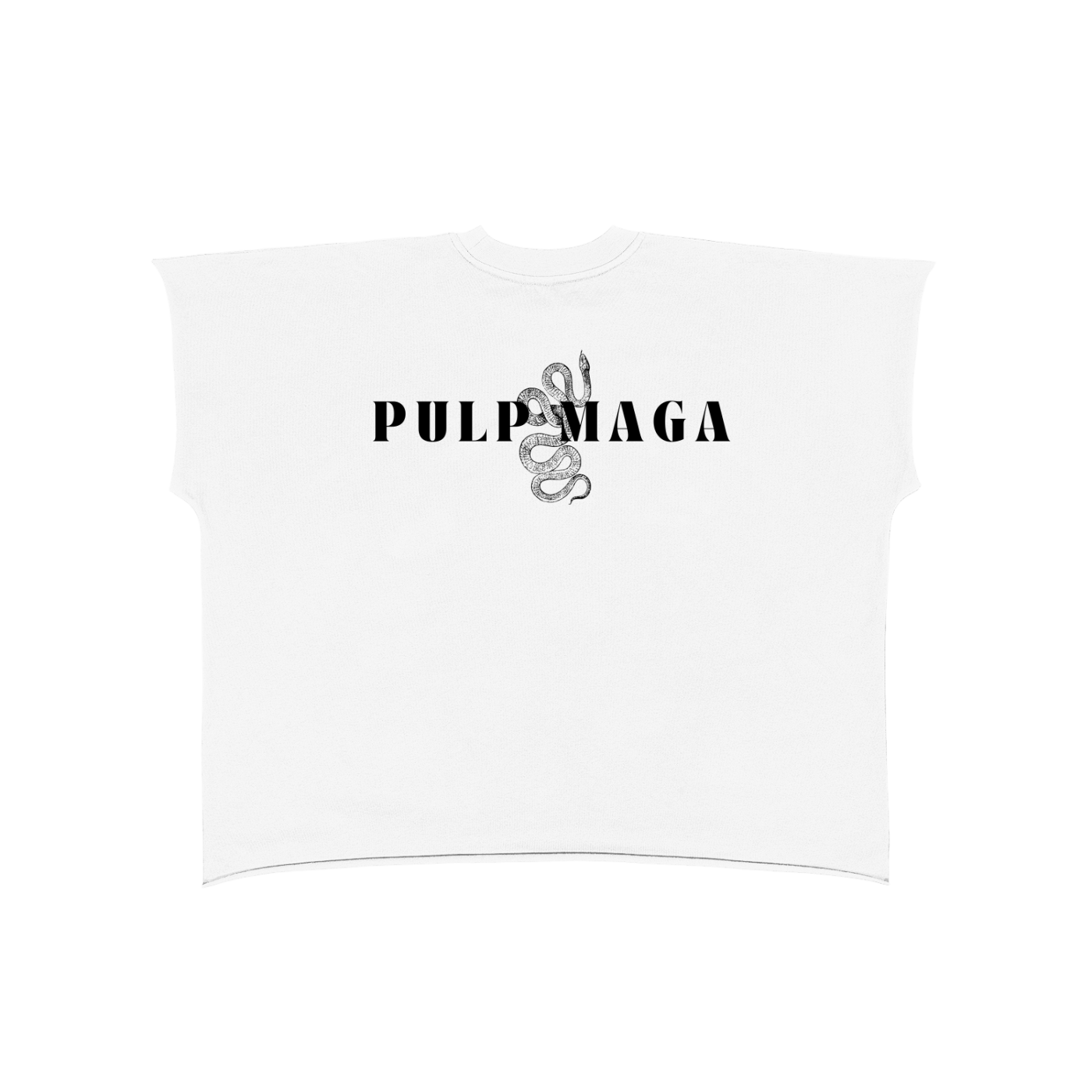 raw edge boxy white streetwear t-shirt with large contrast black pulp maga snake graphic logo