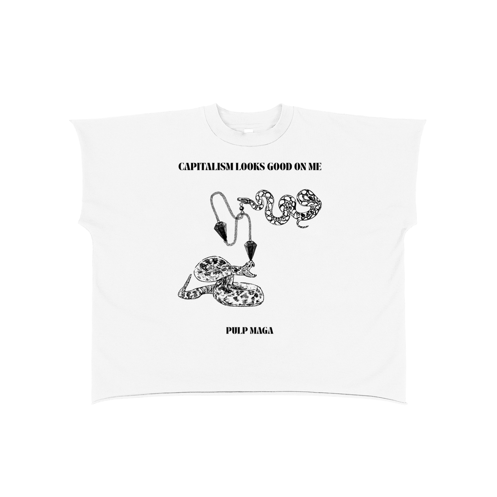 white raw edge boxy tee with art gallery graphic and 'capitalism looks good on me' text for finance gen-z