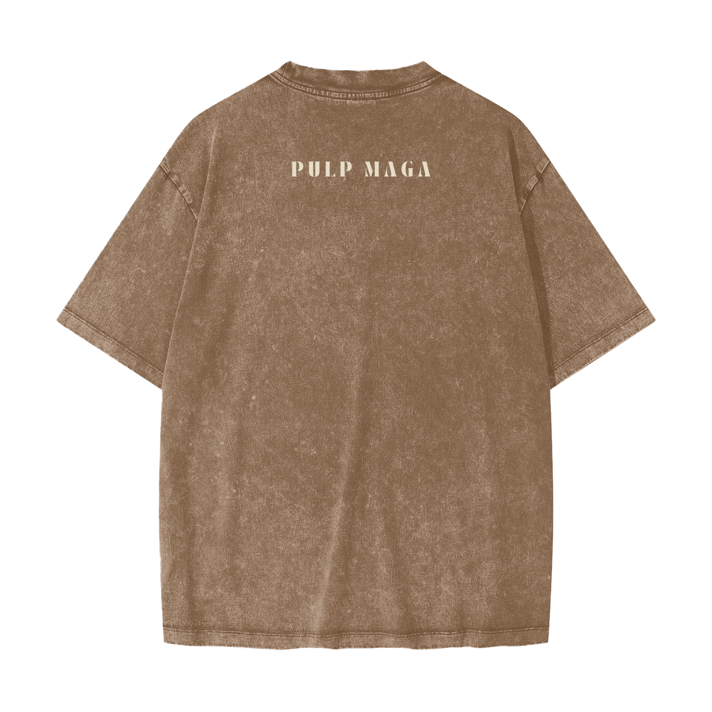 washed brown modern t-shirt with minimal pulp maga text on back