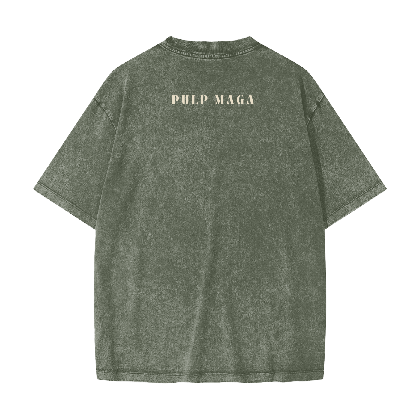 republican green t-shirt with fear of god style text 'pulp maga' minimalist quiet logo text