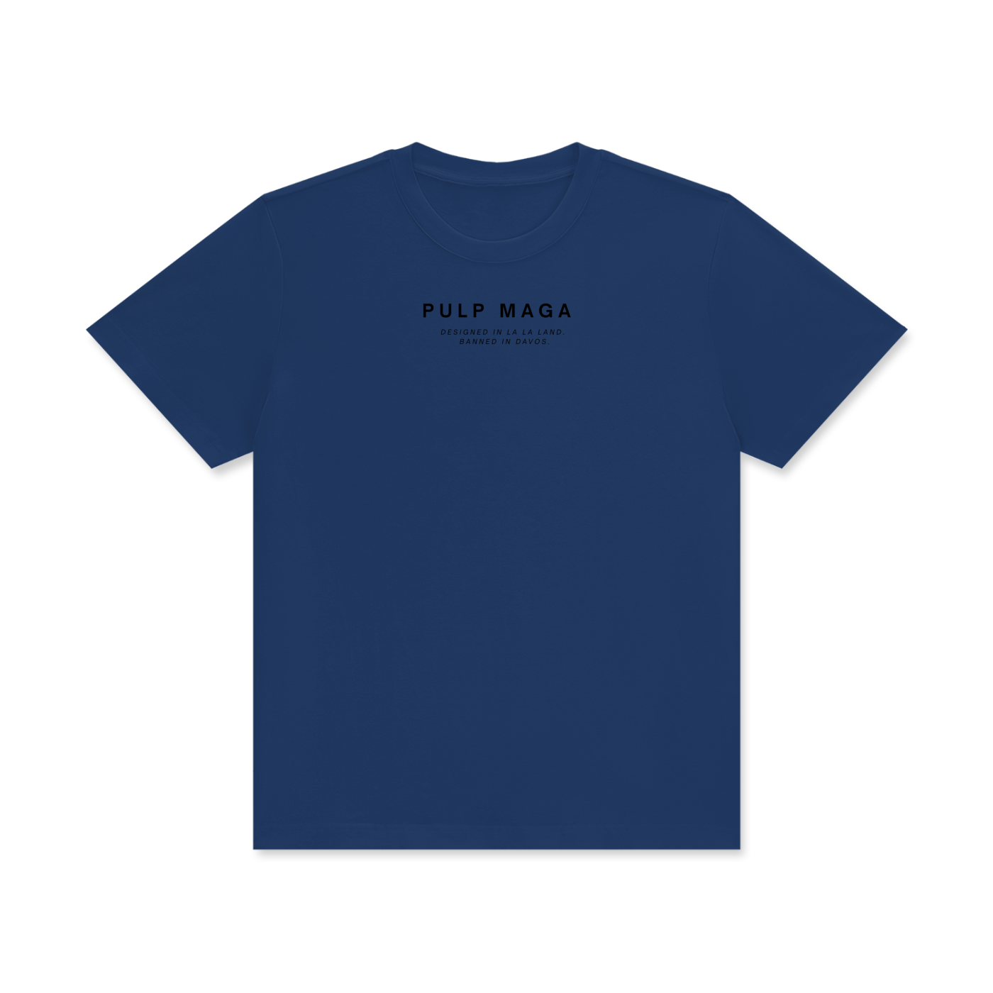 dark blue pulp maga logo t-shirt with black text