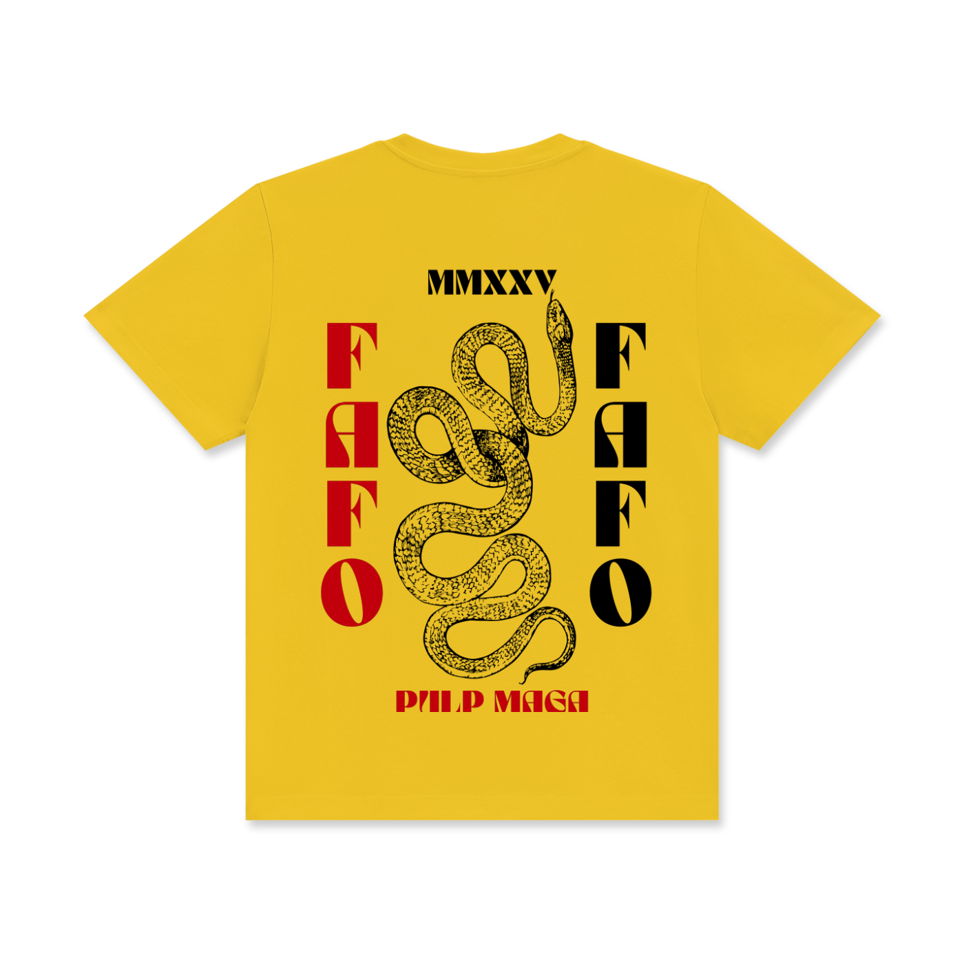 pulp fiction style graphic yellow tee with 'FAFO 2025 text' and snake graphic