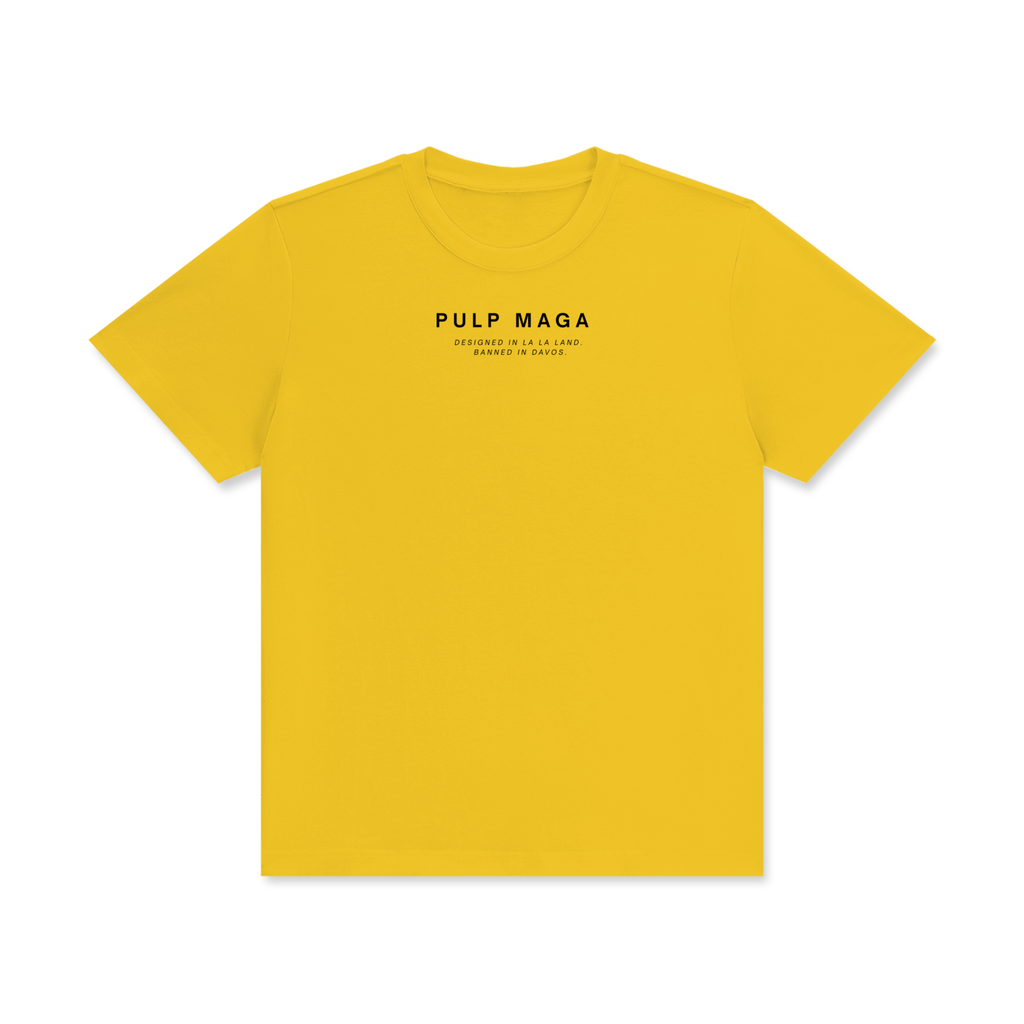 yellow t-shirt with understated pulp maga logo text
