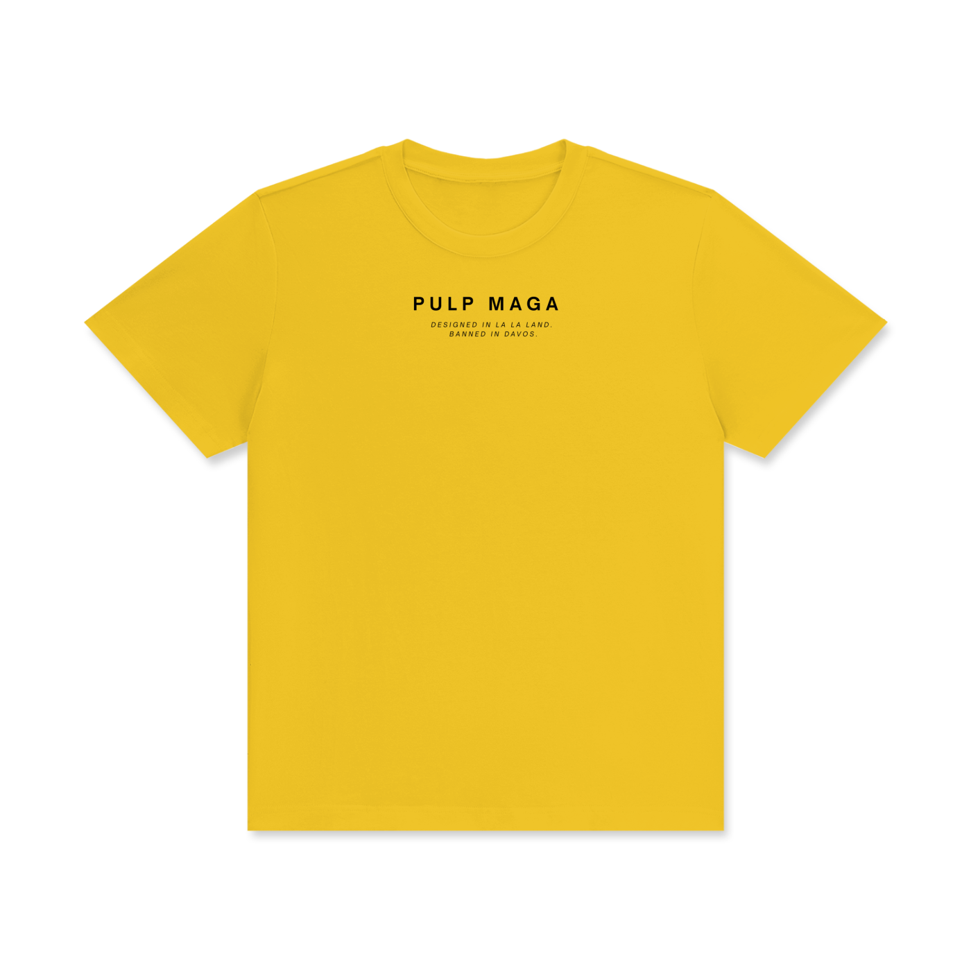 yellow t-shirt with understated pulp maga logo text