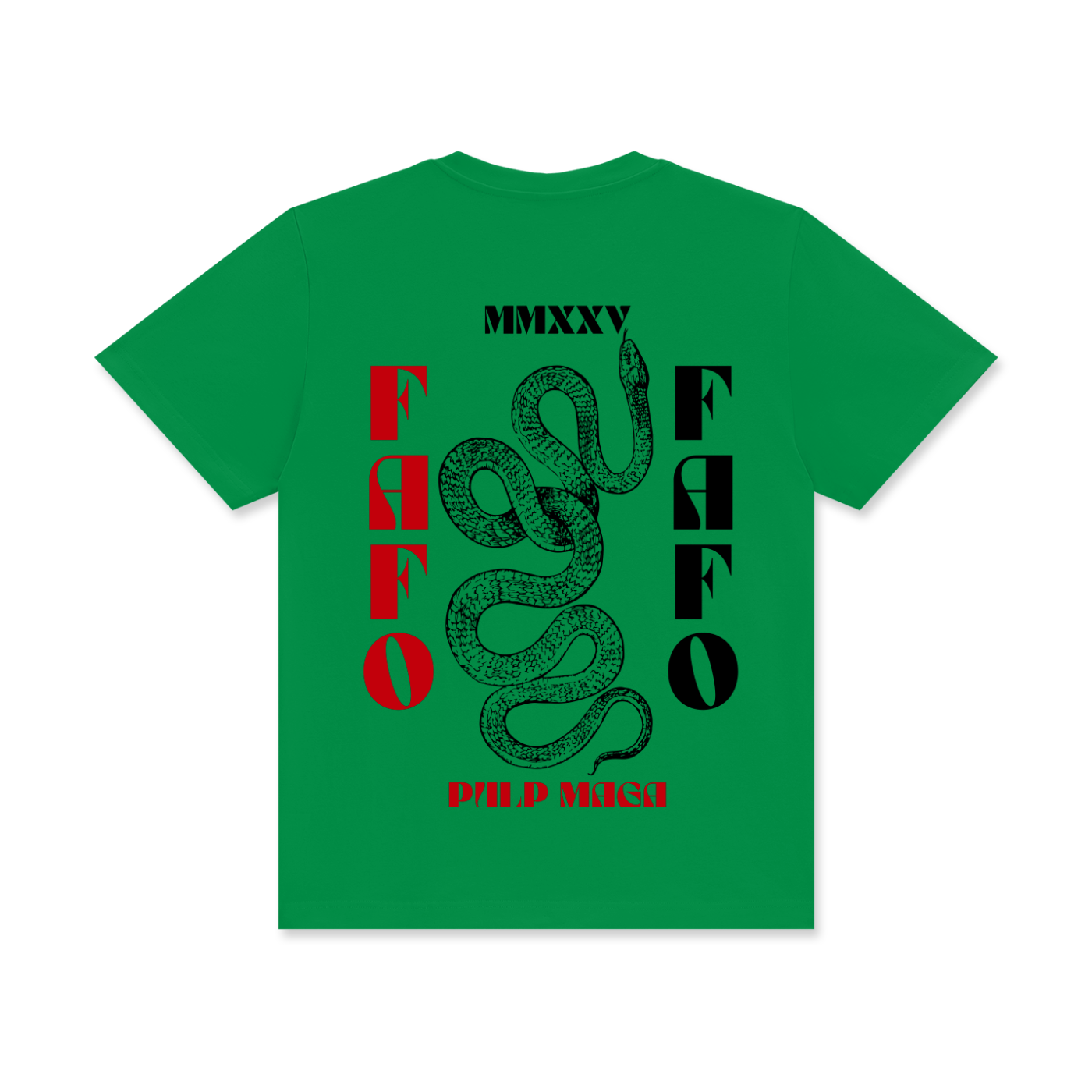bright green pulp maga graphic t-shirt with 'FAFO' text and graphic