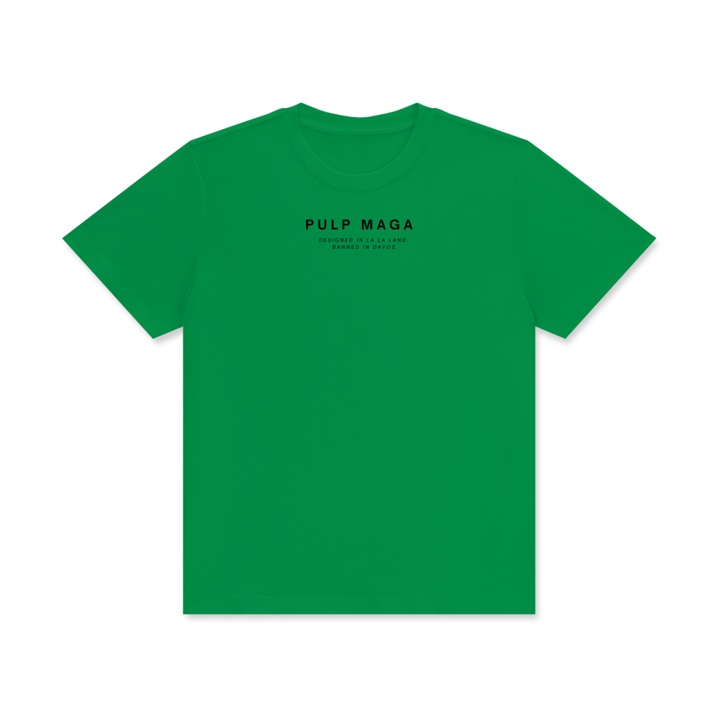 Green t-shirt with 'PULP MAGA' text on a bright background