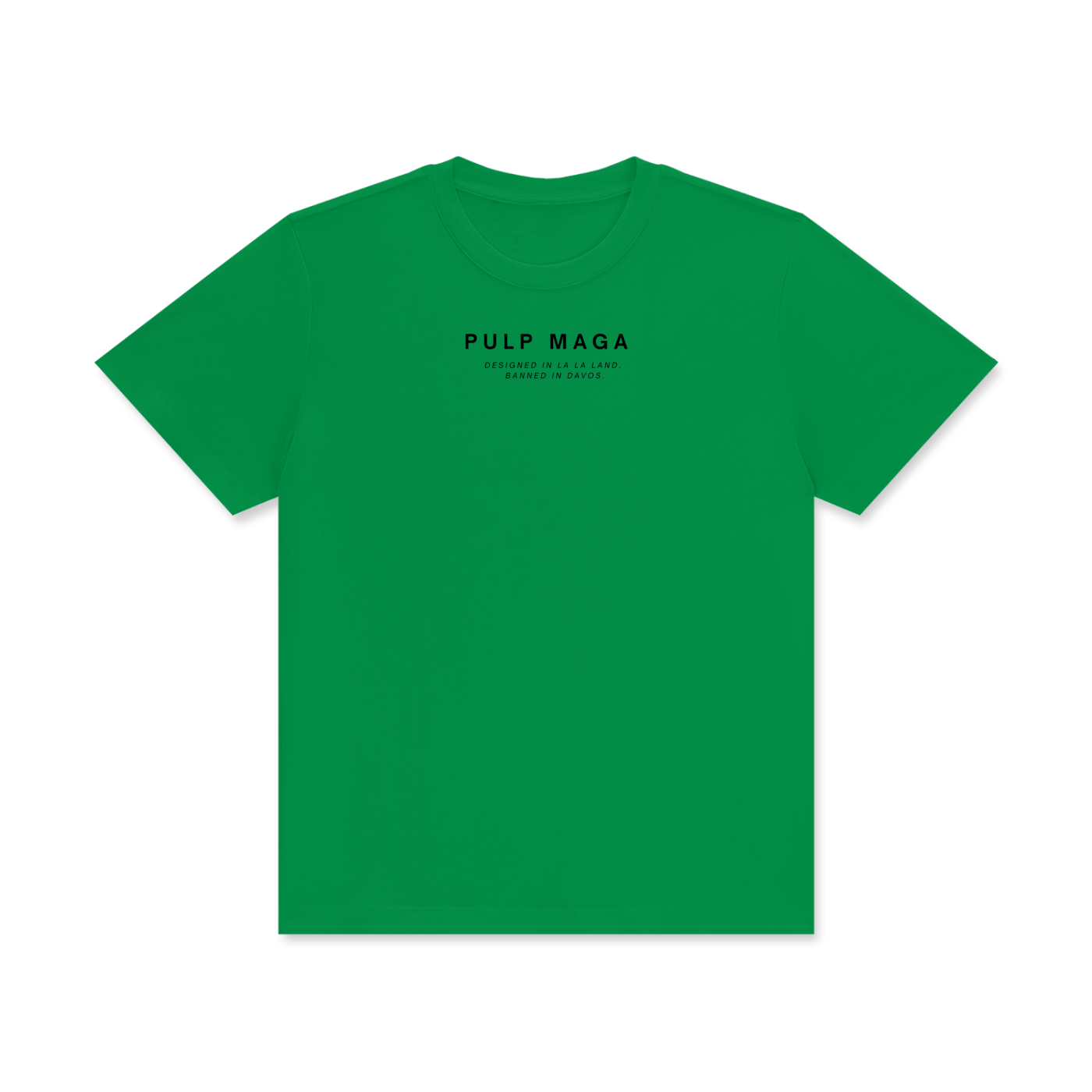 Green t-shirt with 'PULP MAGA' text on a bright background