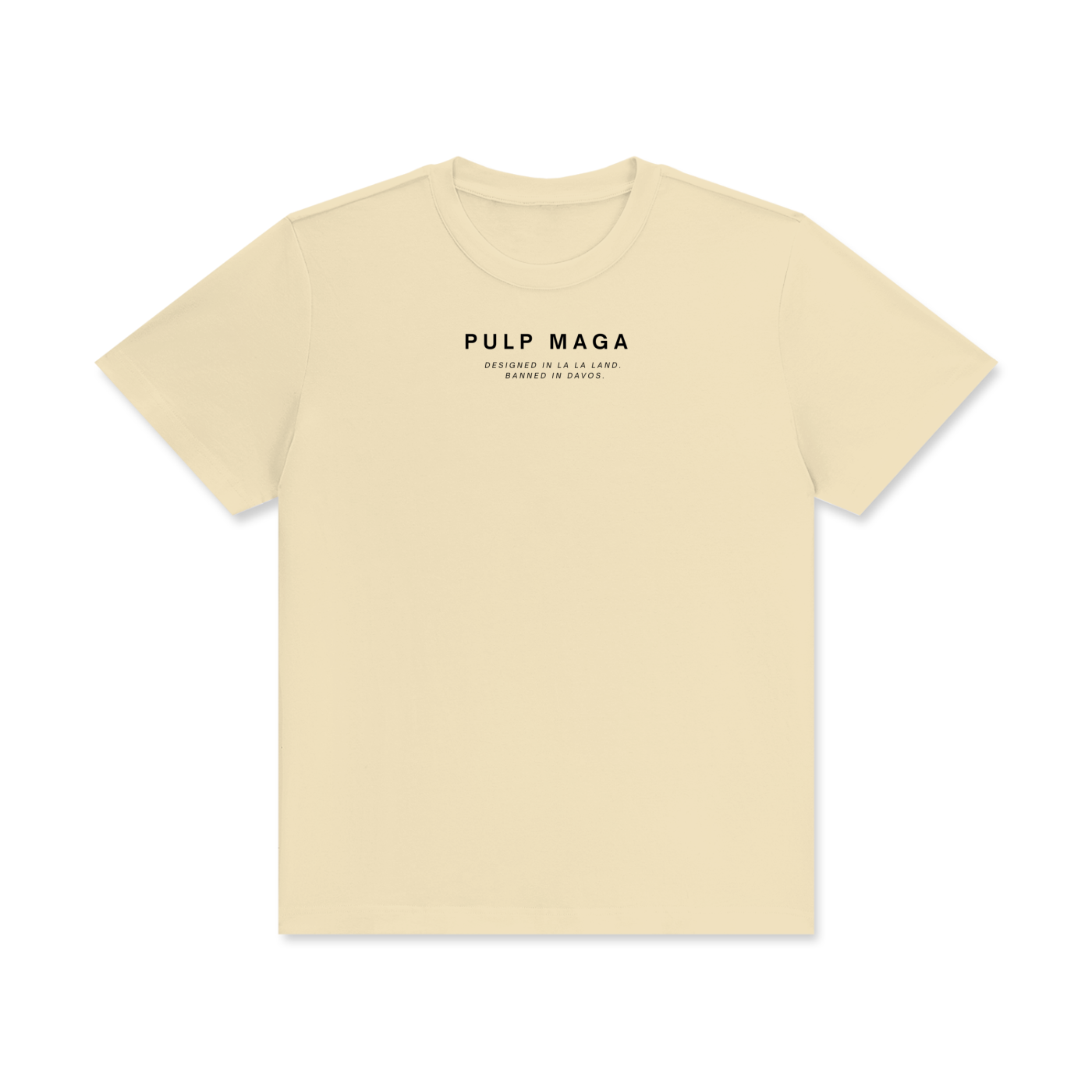 cream premium trump shirt with black text 'pulp maga'