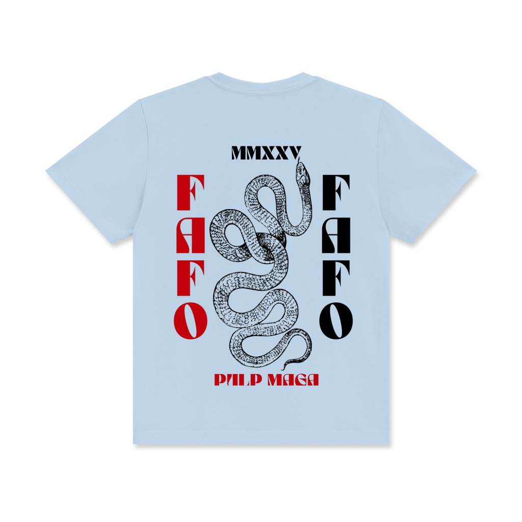 light blue t-shirt 'fuck around and find out' FAFO text and large print