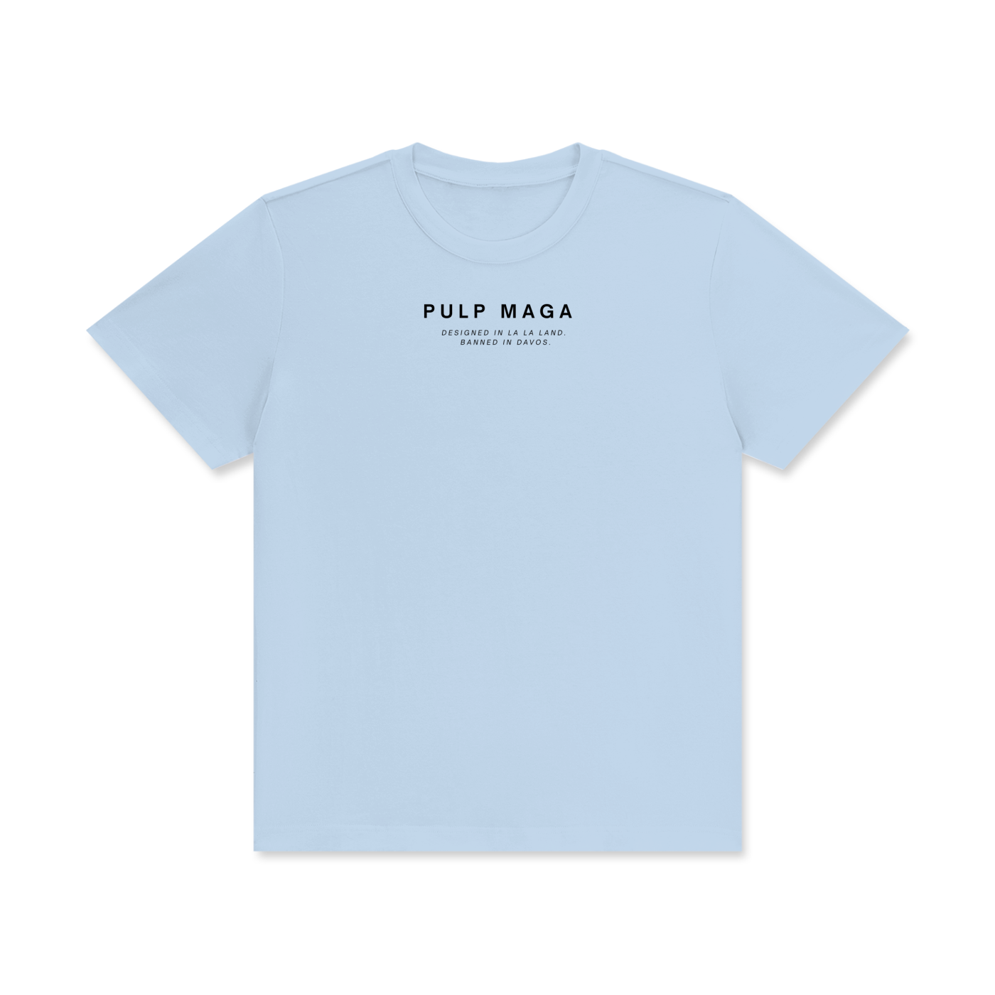 Light blue t-shirt with 'PULP MAGA' text and banned in davos signature logo