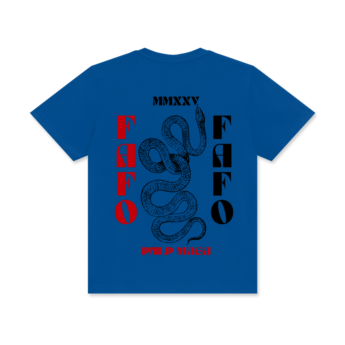 blue t-shirt with 'fuck around and find out' text from trump and maga