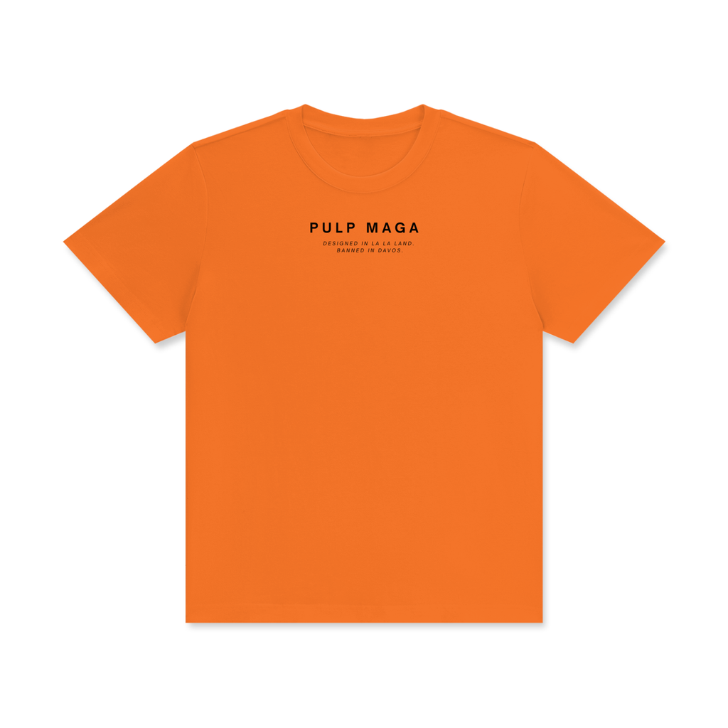 orange t-shirt with pulp maga quiet logo