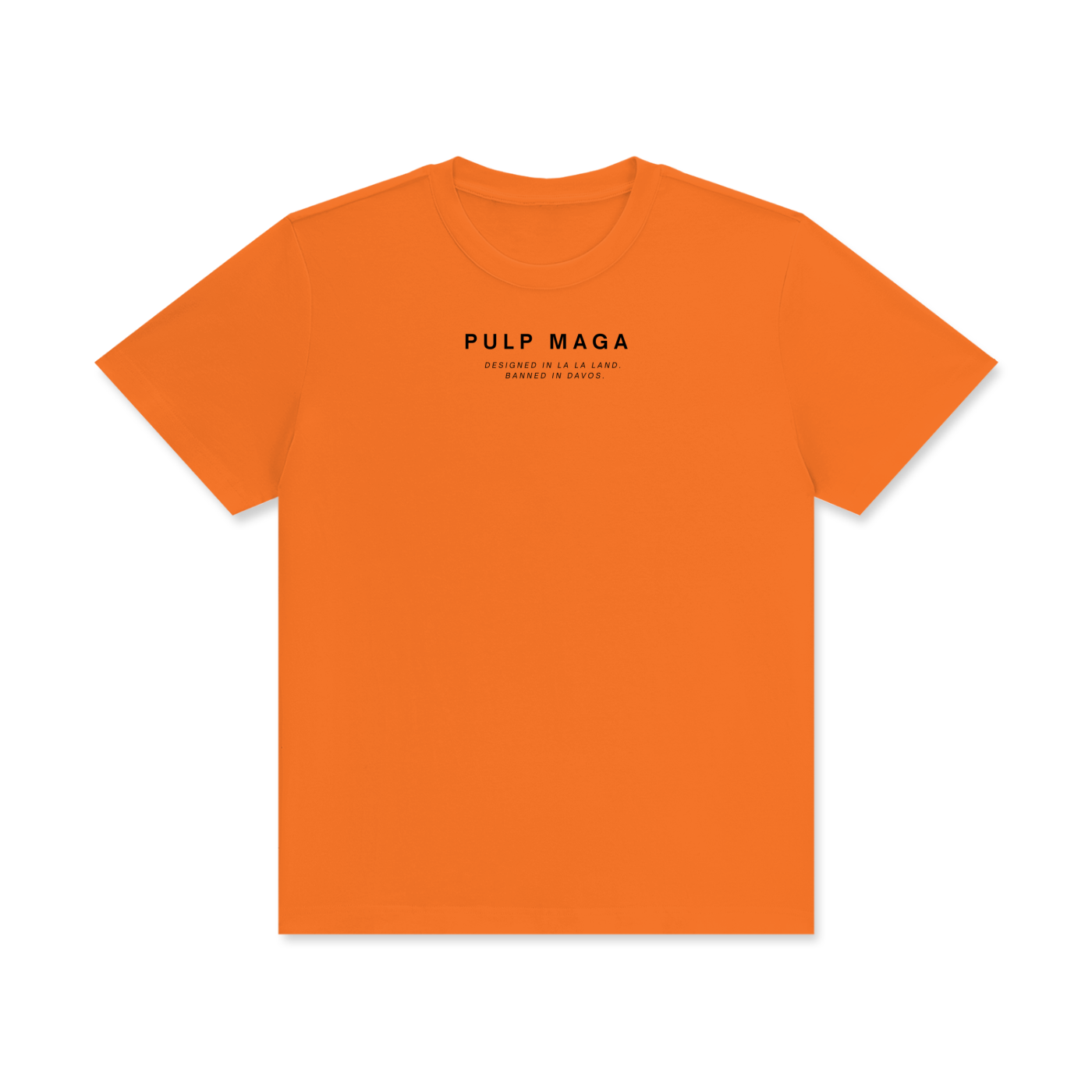 orange t-shirt with pulp maga quiet logo