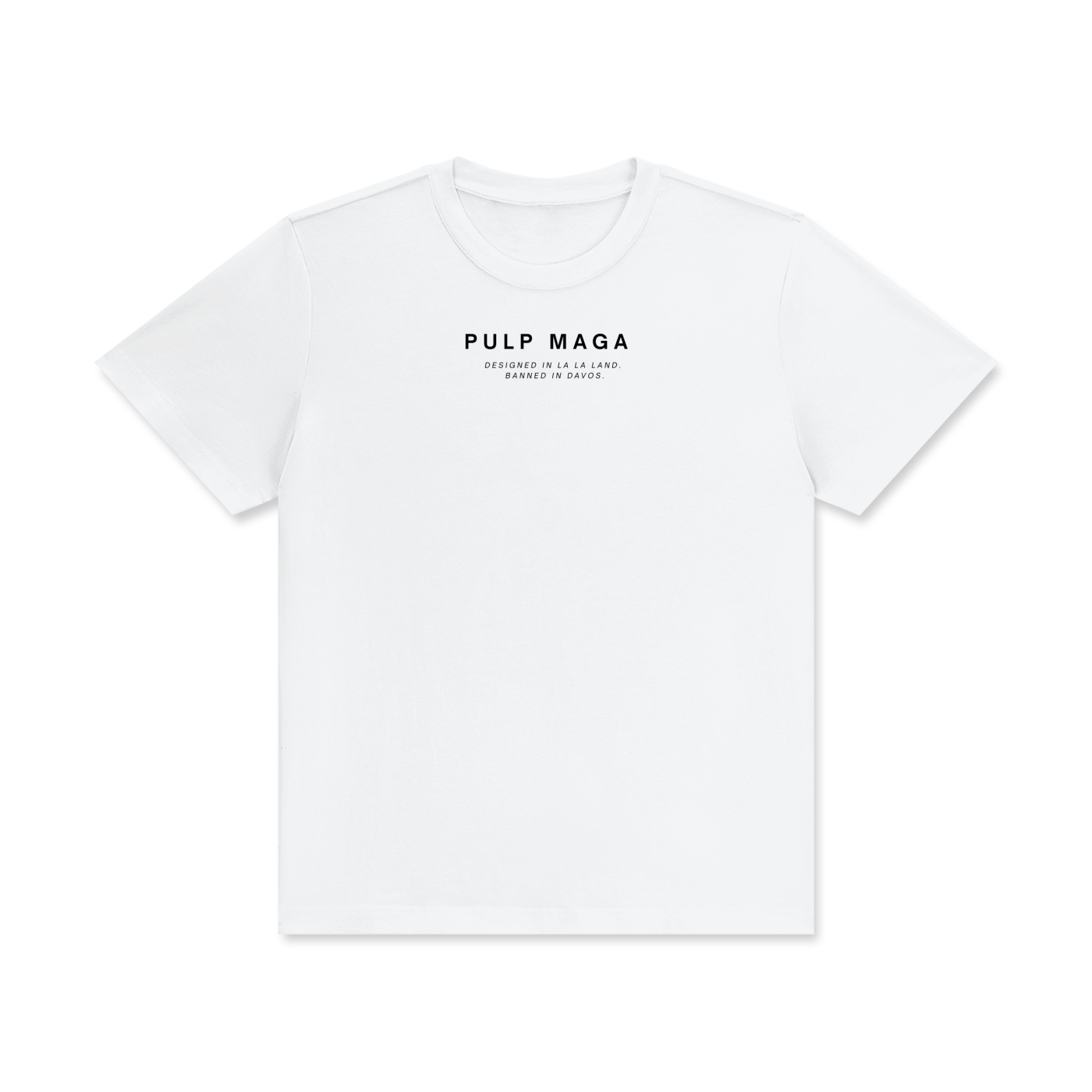 white pulp maga t-shirt with minimal 'pulp maga' text