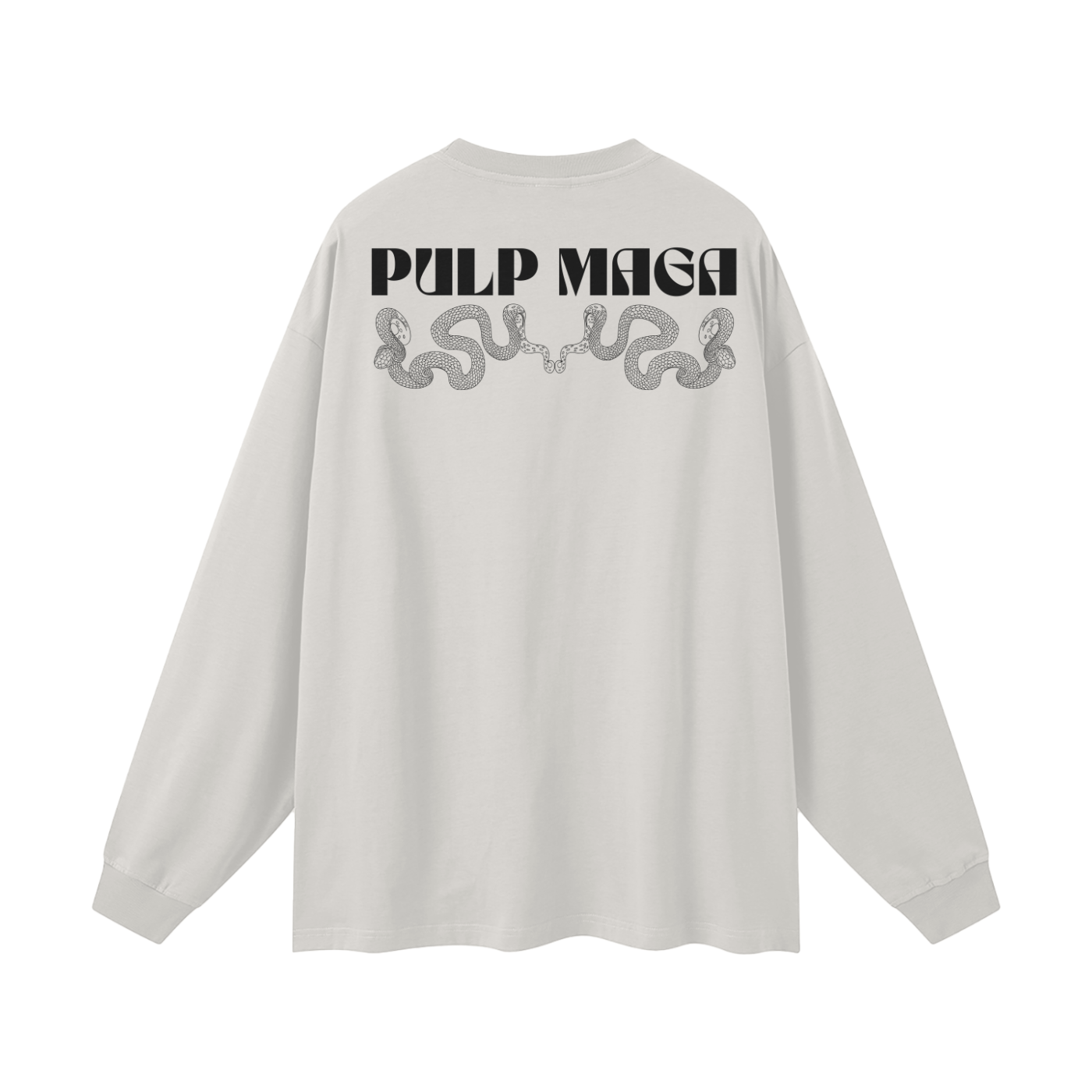 Back of oat gray long sleeve tee with large PULP MAGA print centered at the upper back