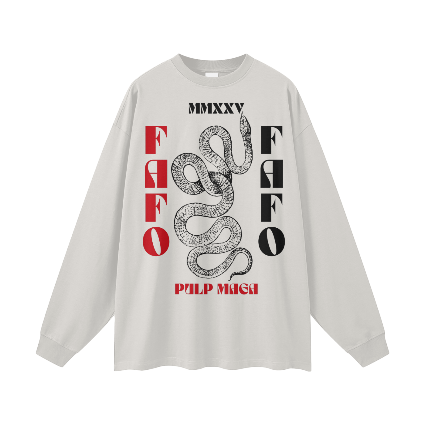Front of oat gray FAFO MMXXV long sleeve streetwear tee featuring vertical snake and red typography design