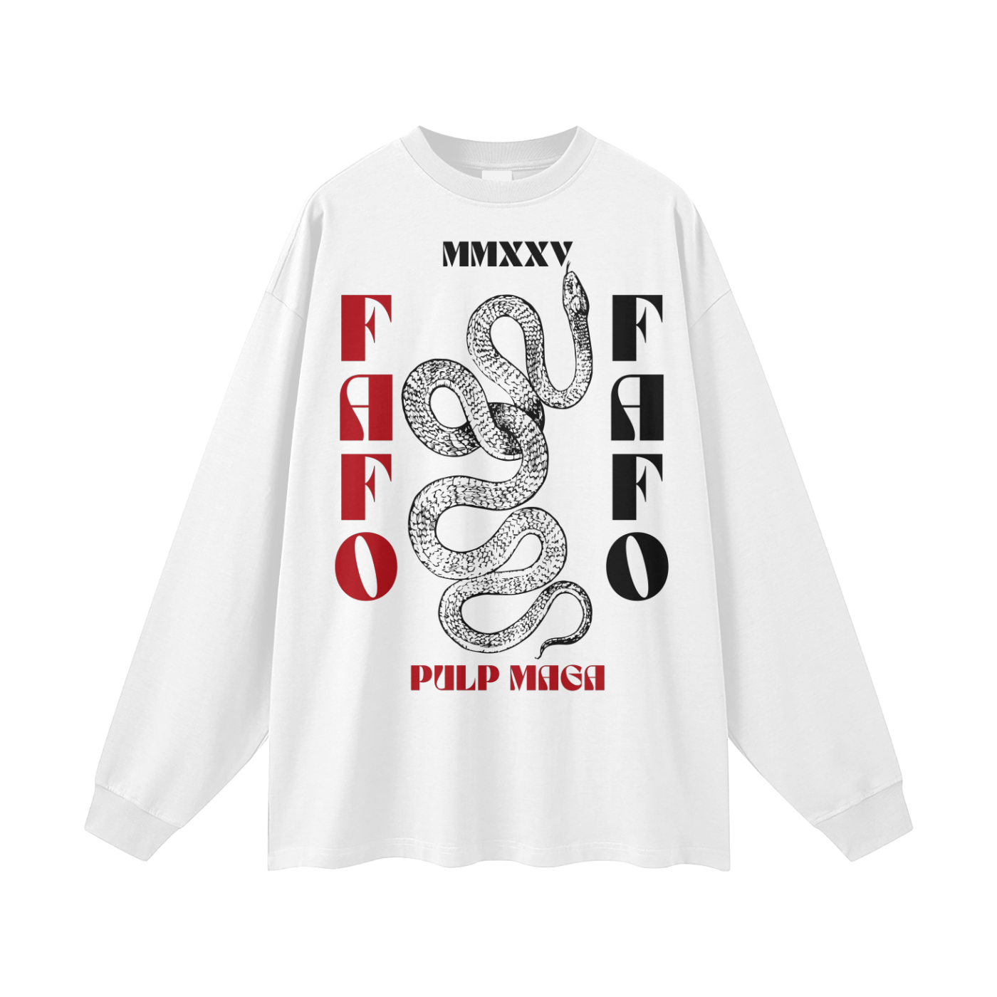 Front of white FAFO maga limited edition long sleeve tee with stacked red and black typography and coiled snake graphic