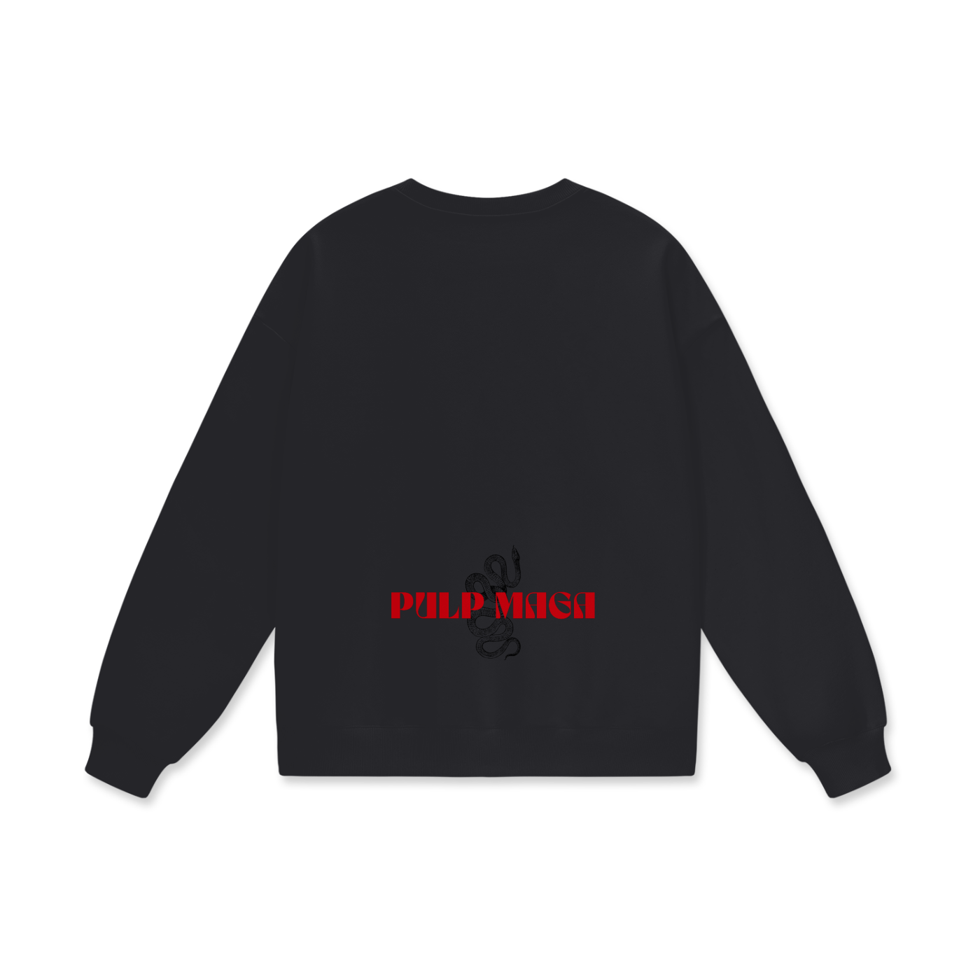 oversized black sweatshirt with maximal pulp maga logo in red