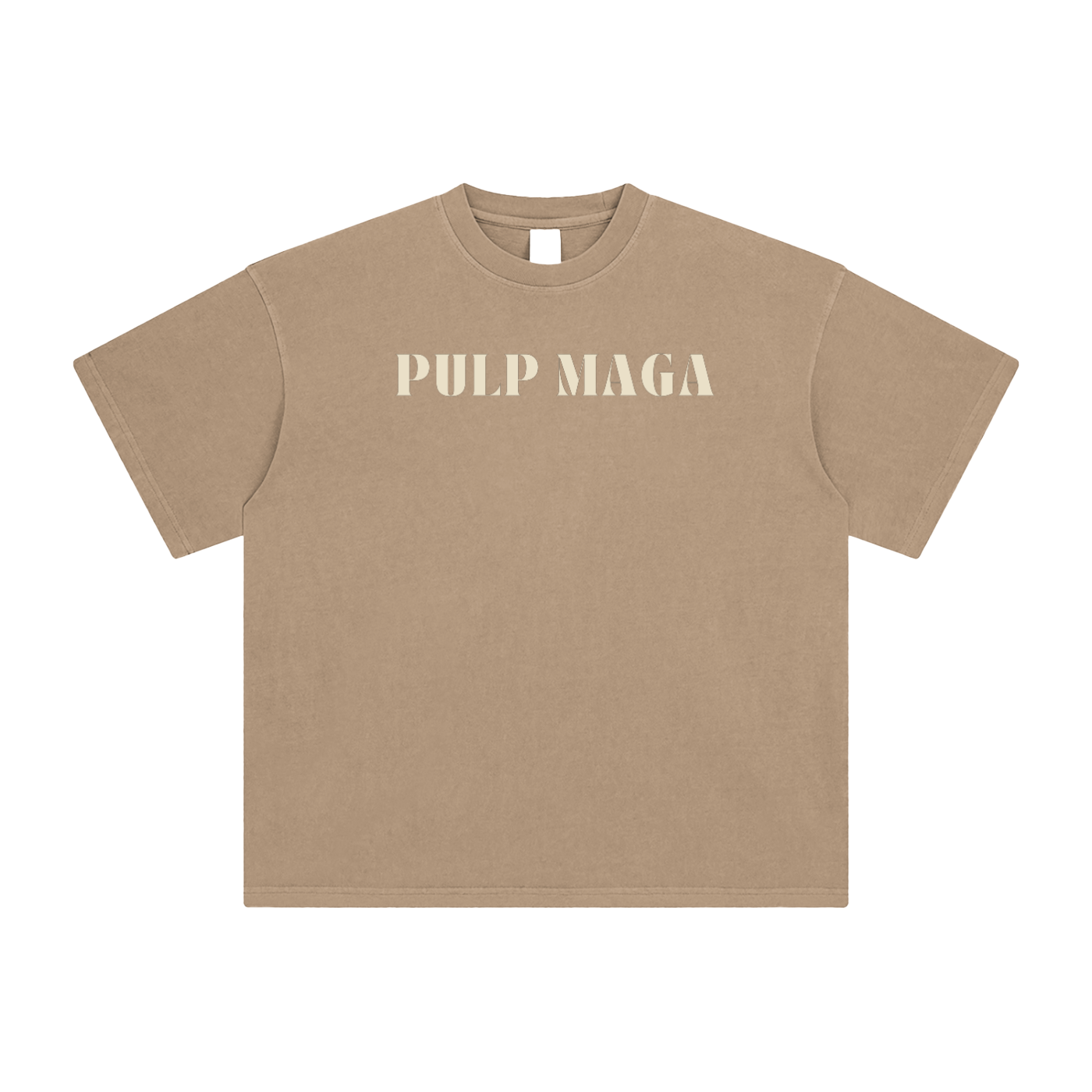 minimal fashion forward pulp maga text in white on vintage camel tee