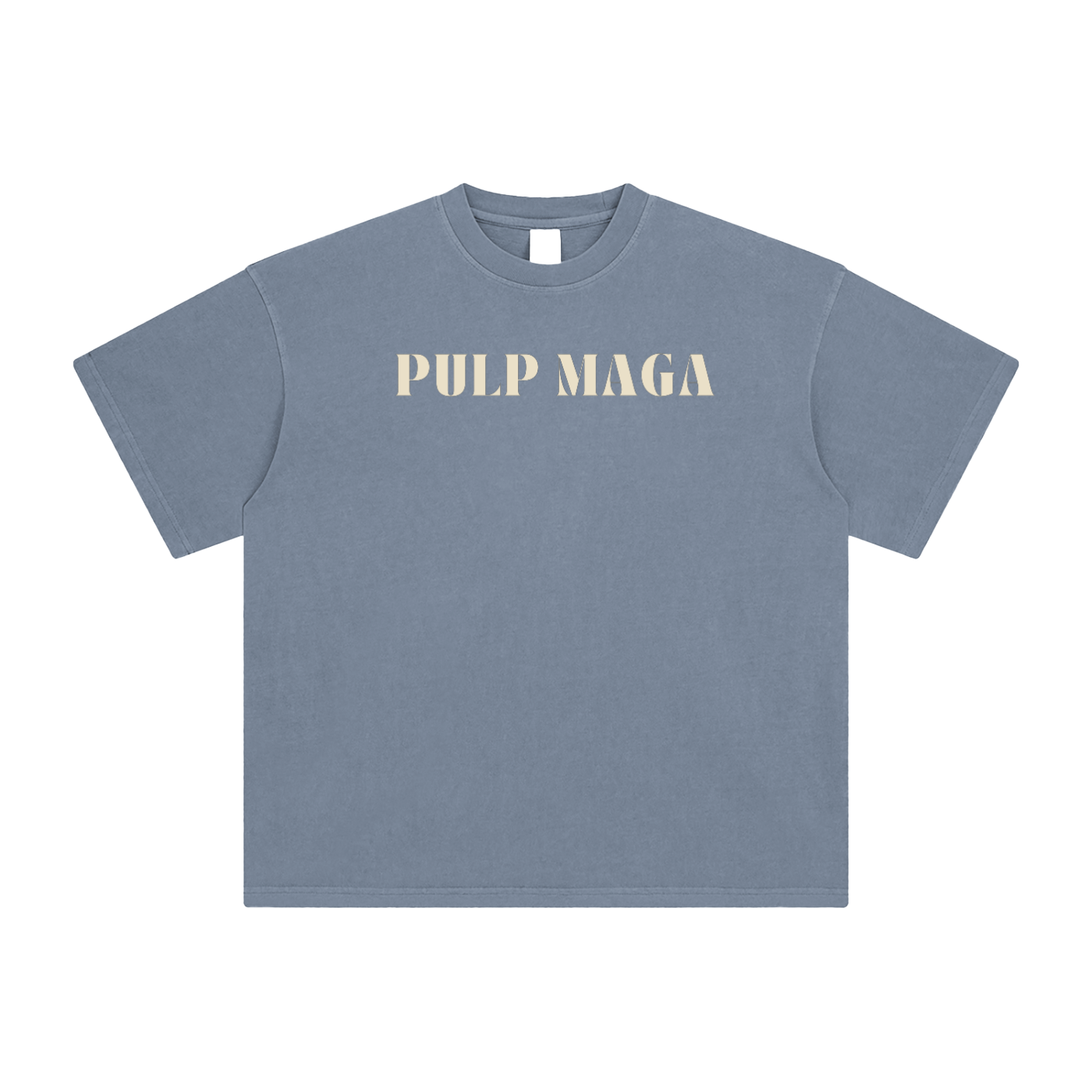 light blue political washed t-shirt with satire label pulp maga text printed on front in white
