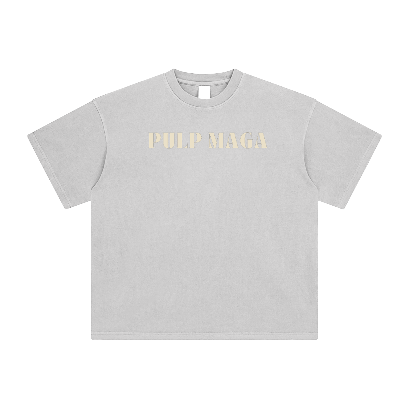 light gray vintage washed political t-shirt  with pulp maga text in cream