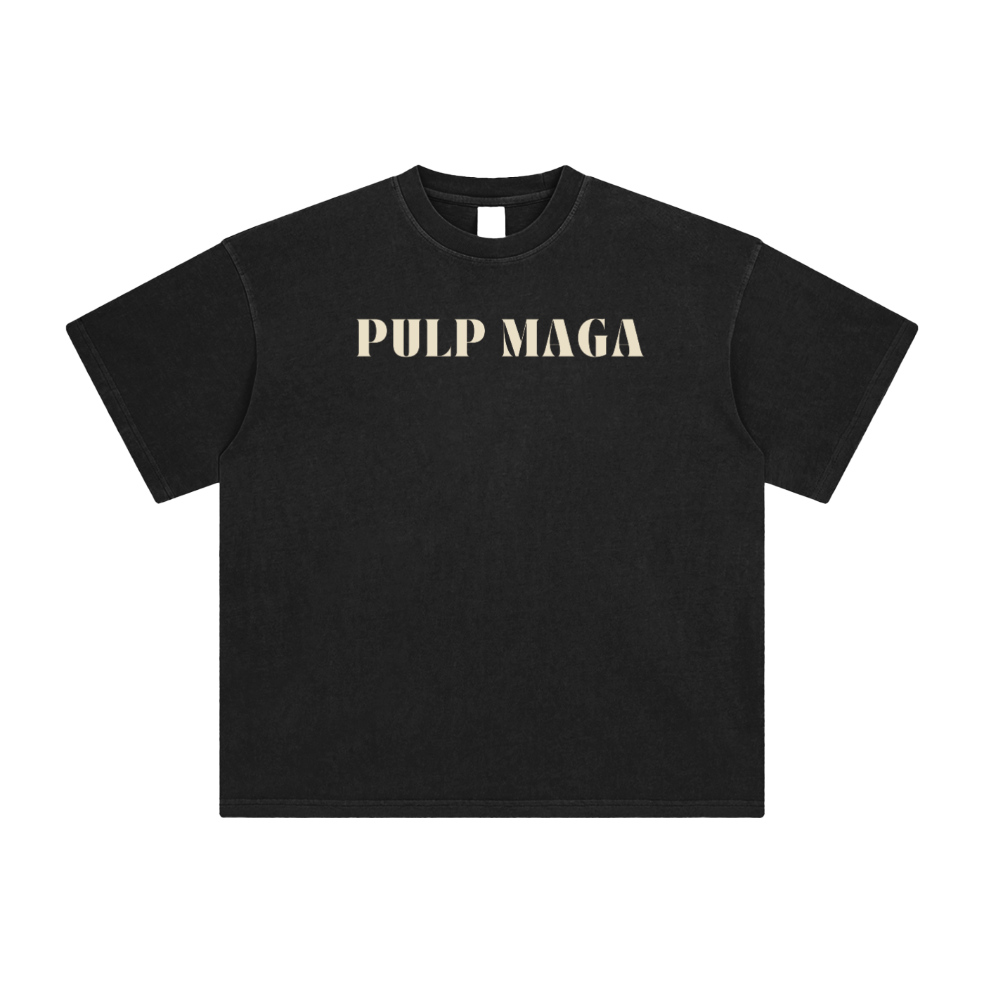 Black t-shirt with 'PULP MAGA' text on a white background