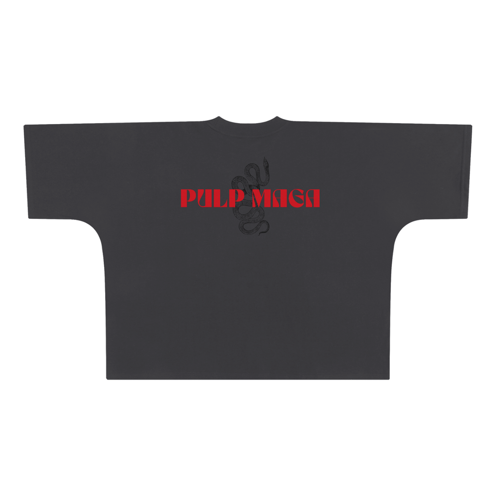 Black t-shirt with red and white 'pulp maga' text logo