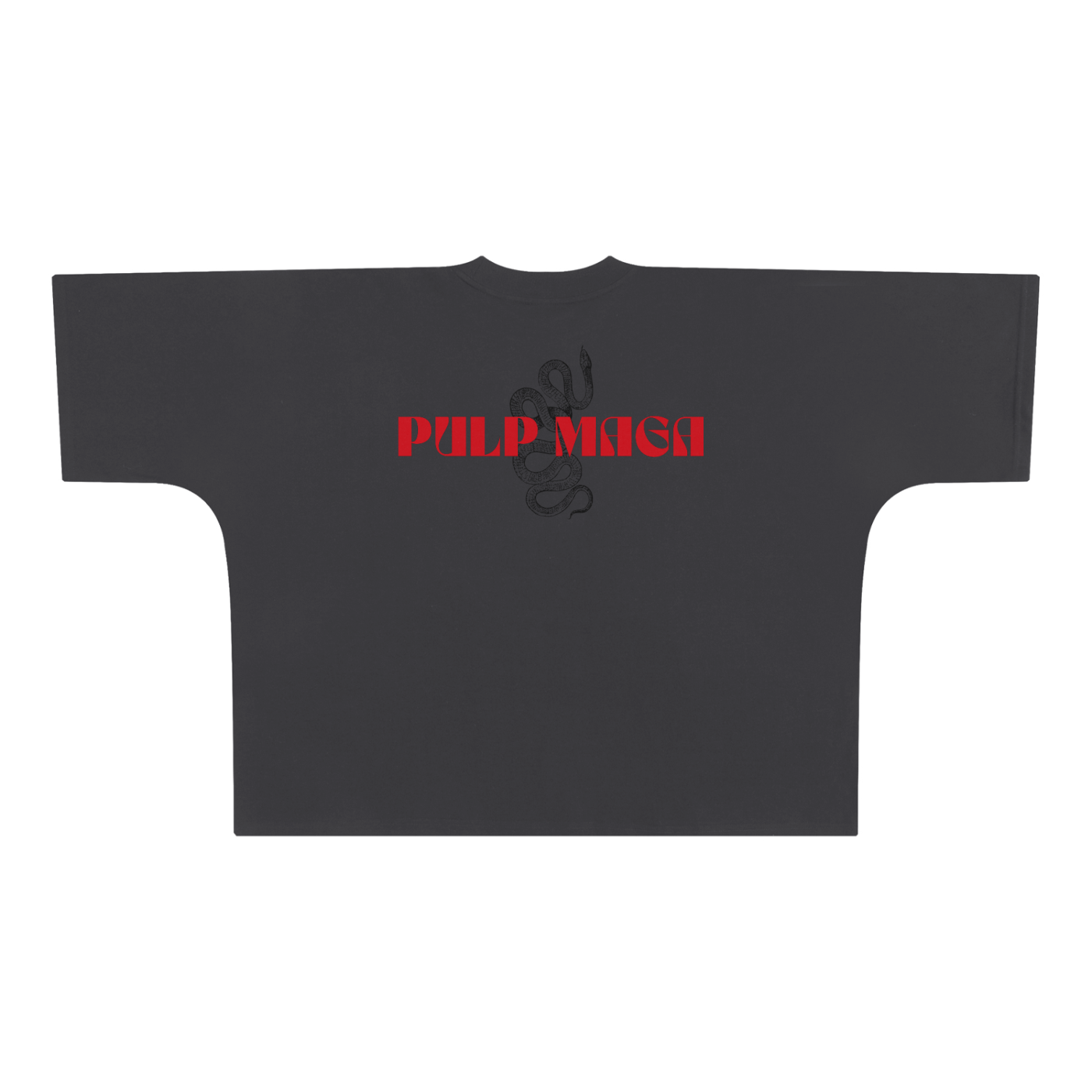 Black t-shirt with red and white 'pulp maga' text logo