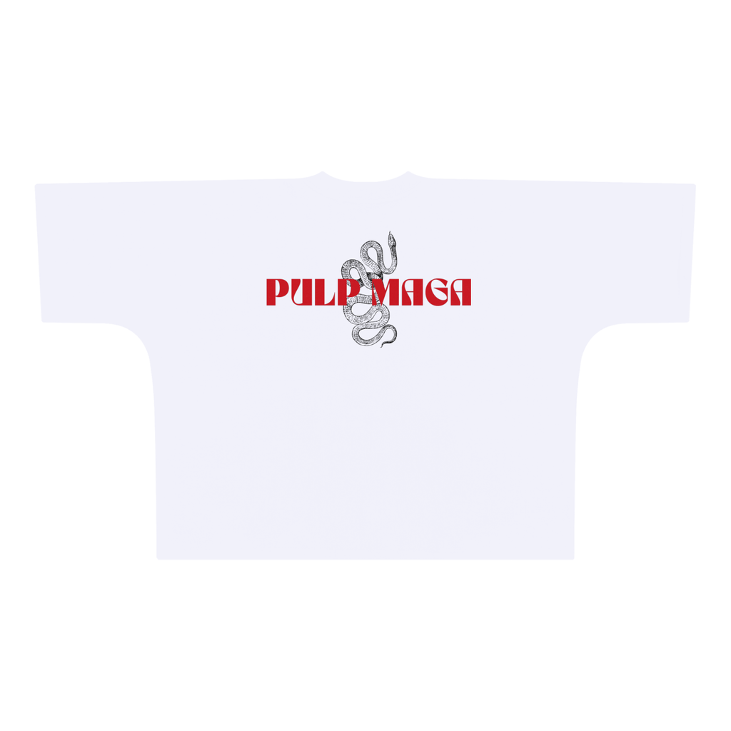 White t-shirt with 'Pulp Maga' red text design with bold contrast on a white background