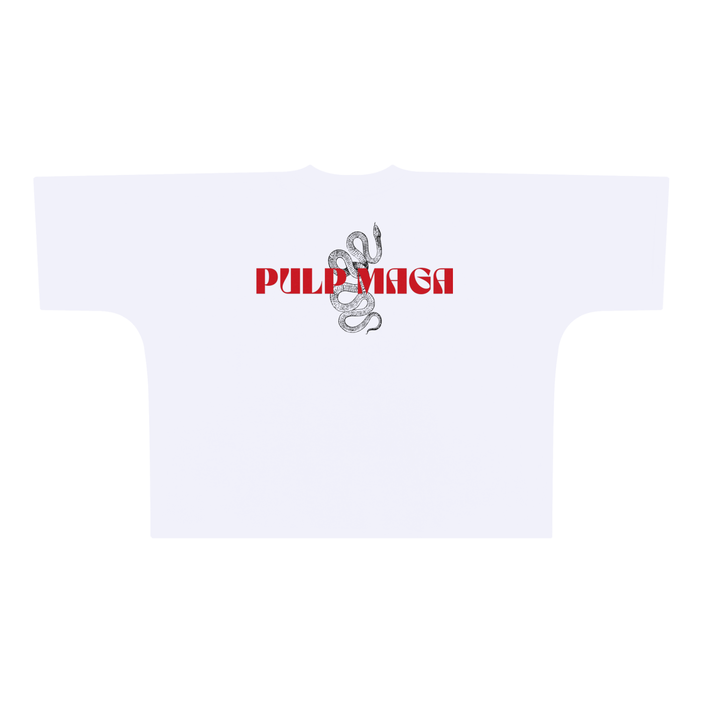 White t-shirt with 'Pulp Maga' red text design with bold contrast on a white background
