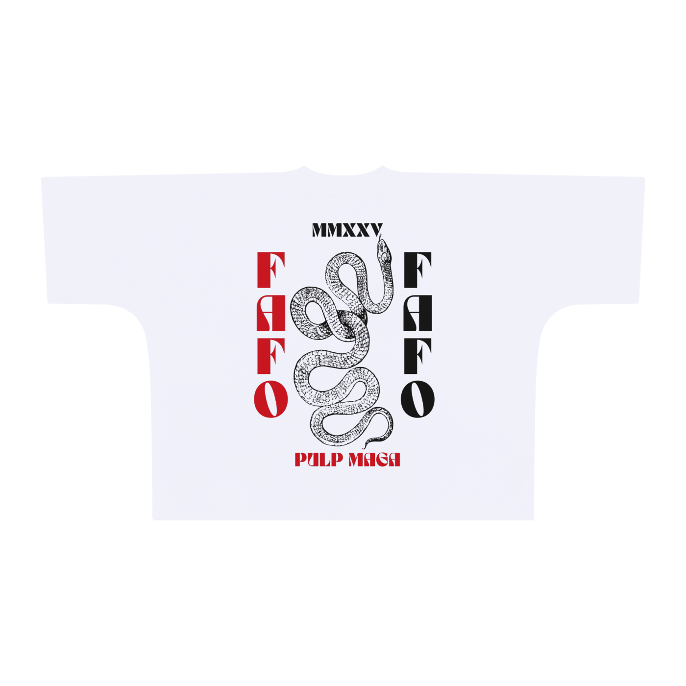 white oversized streetwear tee 'fafo' text, maga logo, and bold red and black graphic