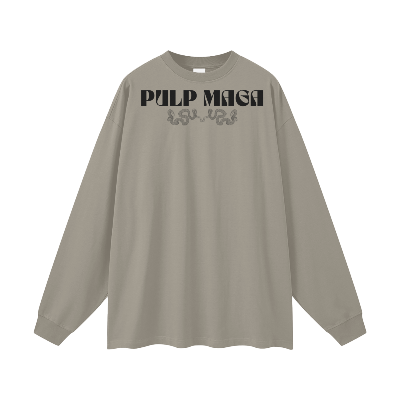 front of gray camel long sleeve streetwear tee with small PULP MAGA logo across shoulders