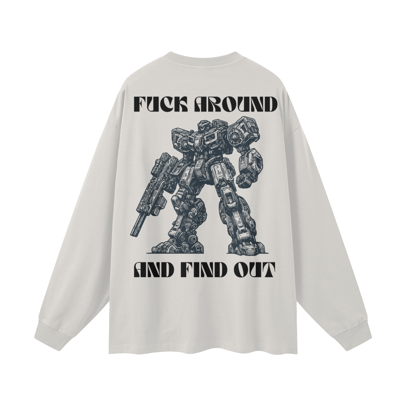 oat gray FAFO Transformer long sleeve tee with cartoon robot graphic and black slogan text