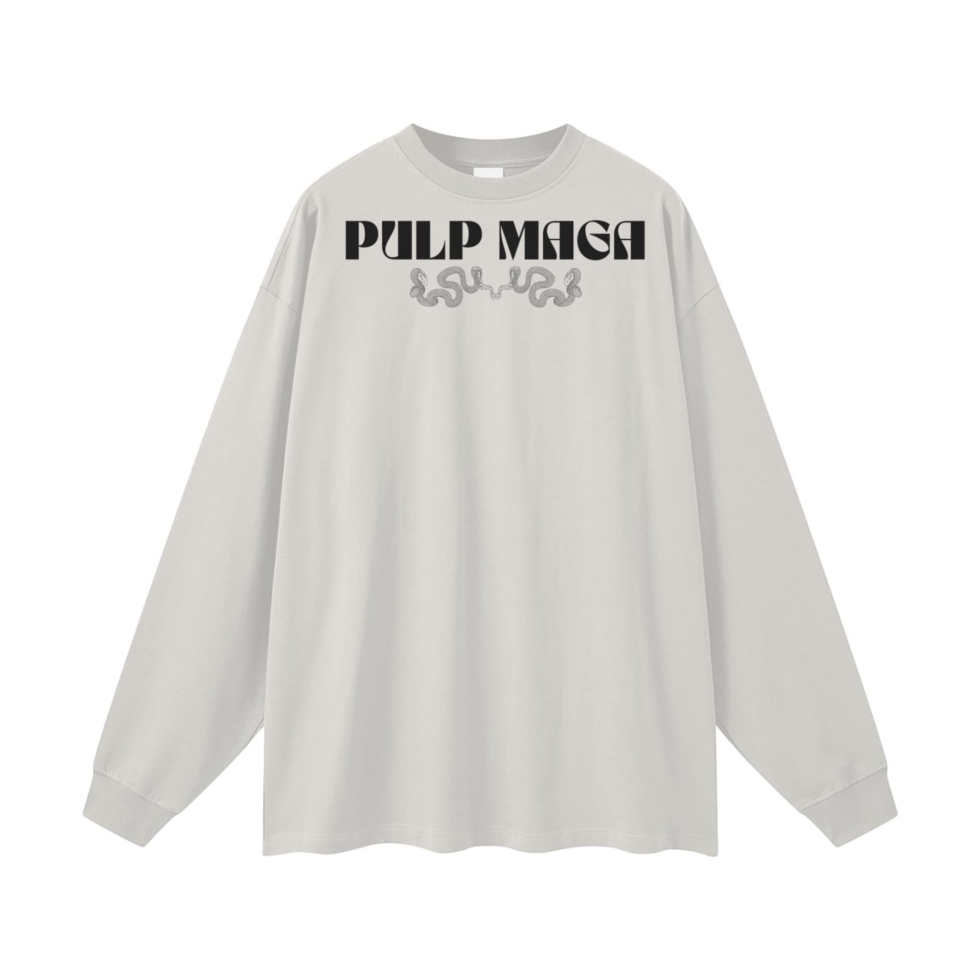 oat gray long sleeve tee with PULP MAGA logo in black lettering