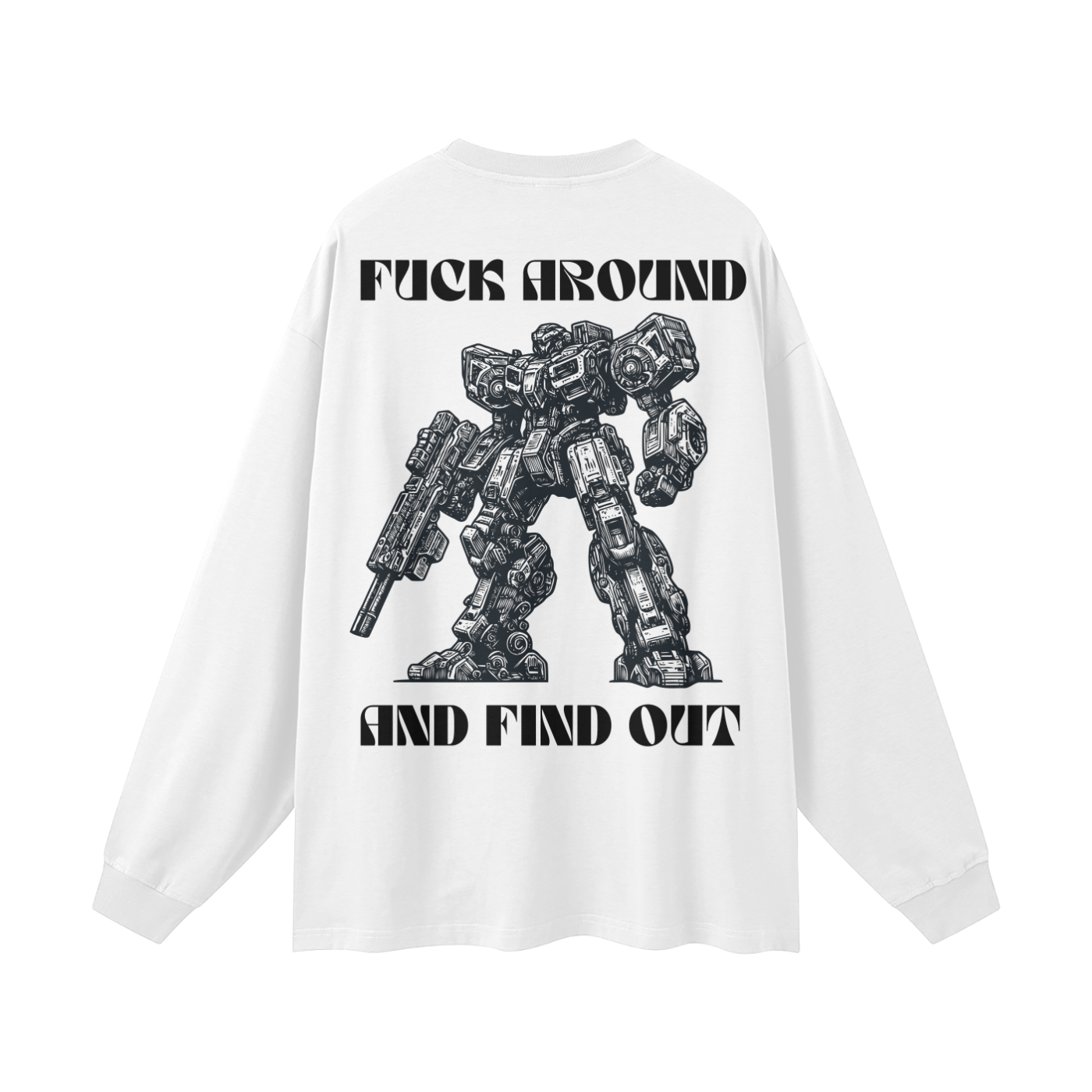 white heavyweight long sleeve tee with FAFO Transformer robot and 'Punch Approved and Find Out' slogan