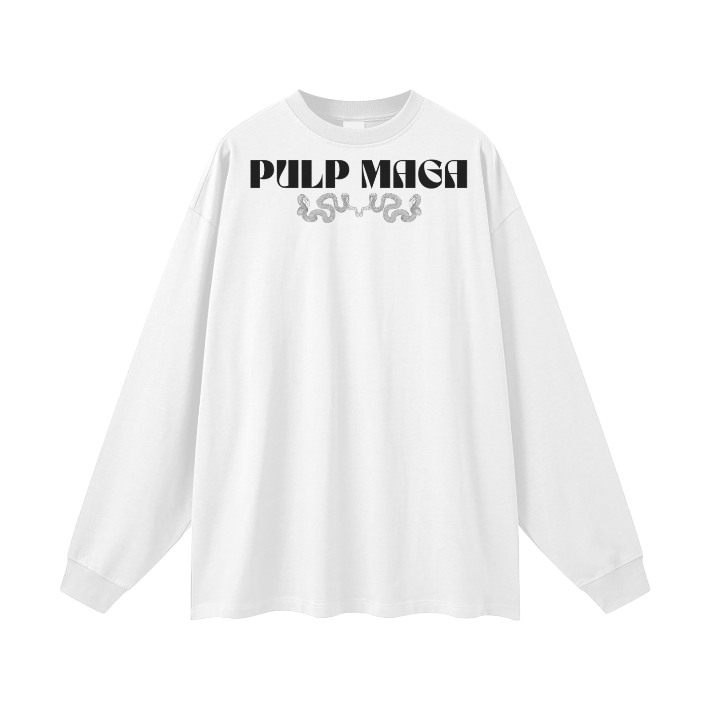 white long sleeve tee with minimalist PULP MAGA logotype in black