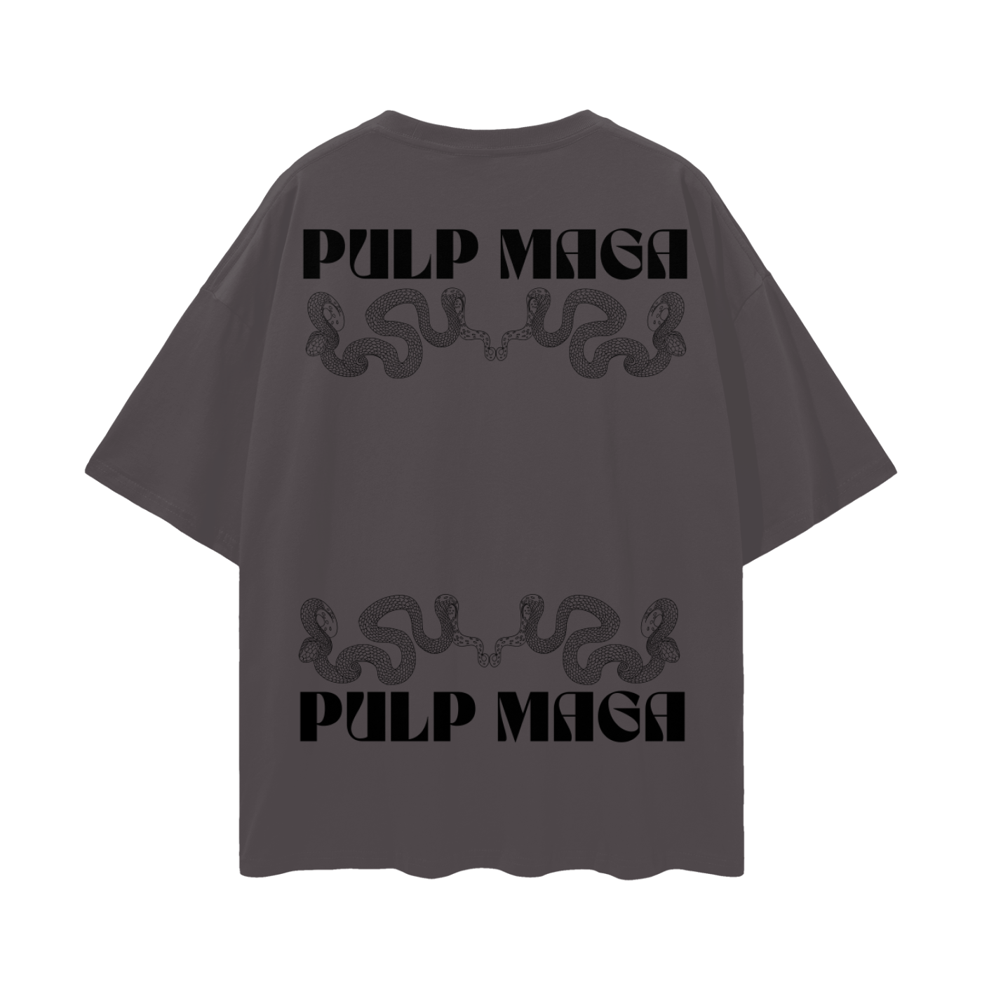 dark gray oversize shirt with large black text with pulp maga in modern font and signature snake graphic