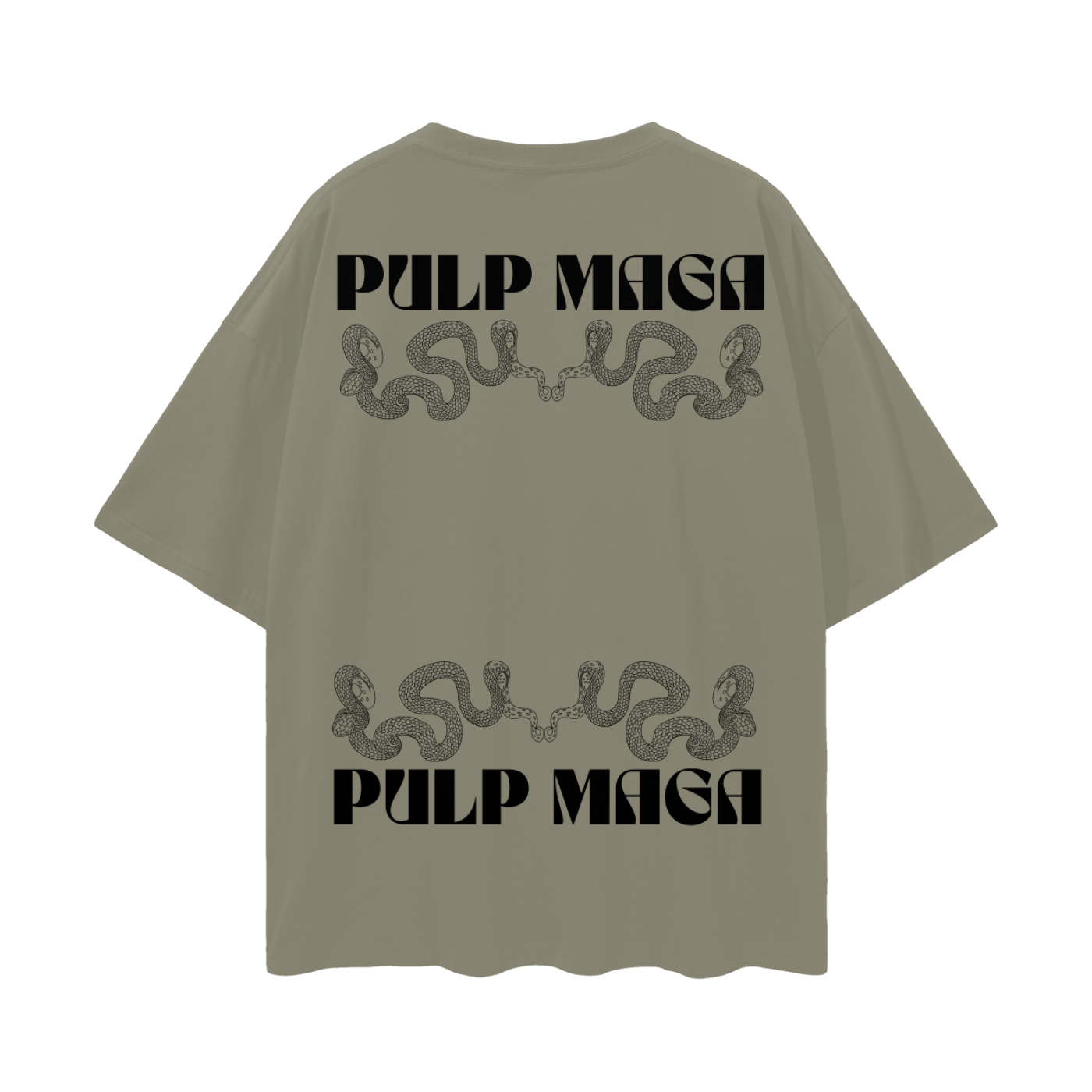 maximal streetwear green shirt with pulp maga double logo across the top and bottom in black