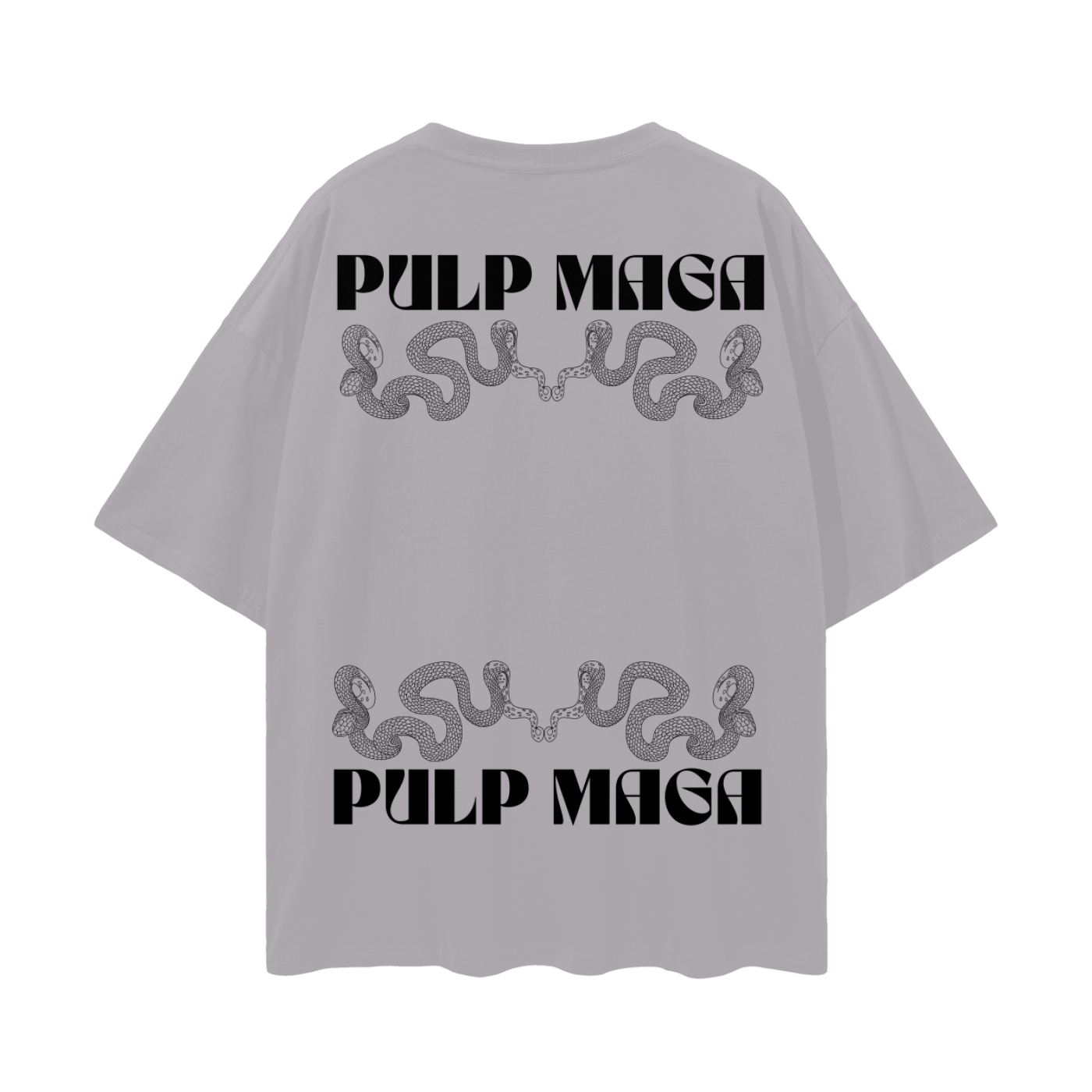 light gray baggy maga shirt with double logo in black printed across the top and bottom for gen z and GOAT lovers