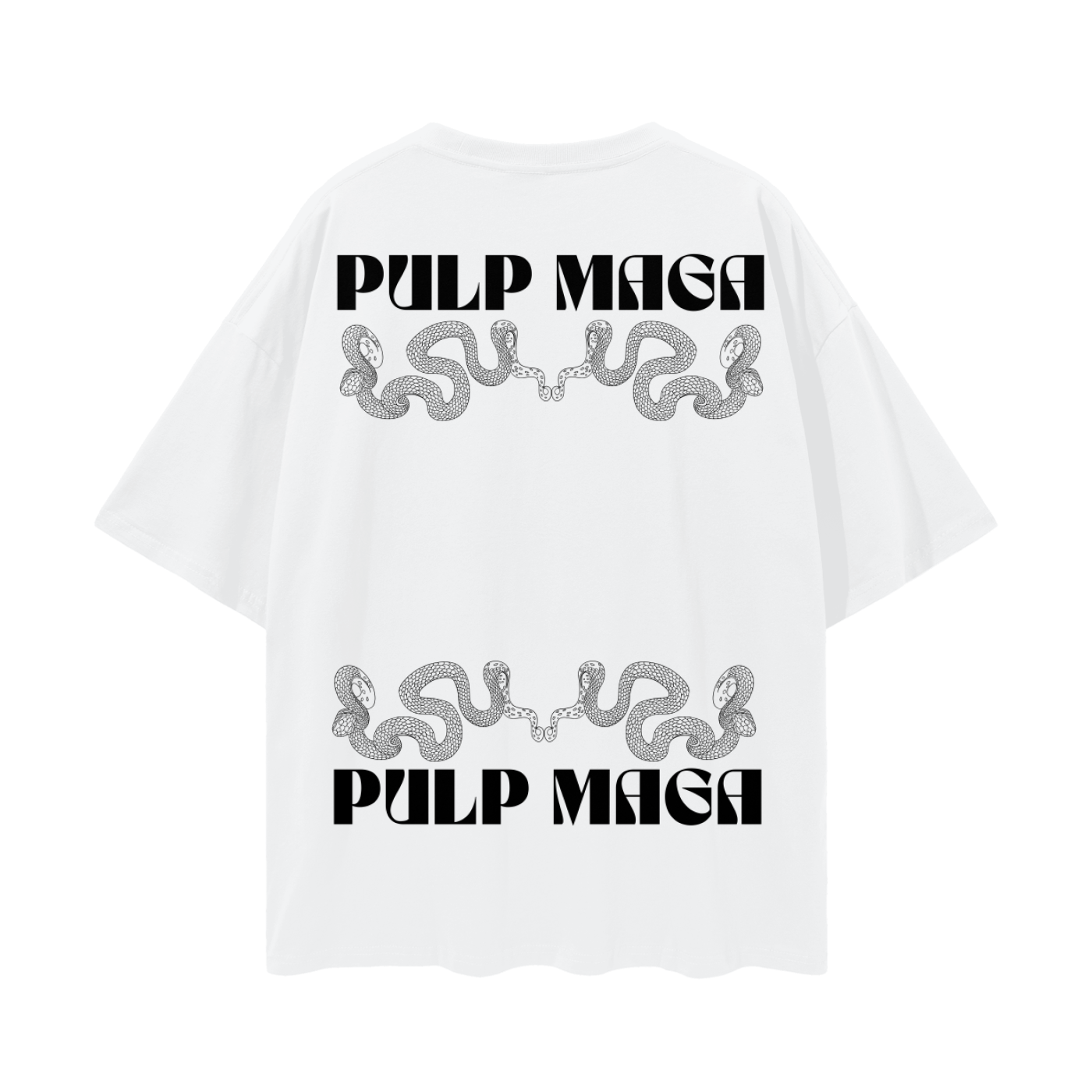 white streetwear t-shirt with pulp maga logo large in black across the top in bottom with double snake graphic