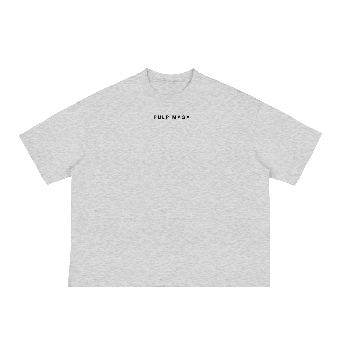 minimal pulp maga logo on heathered gray t-shirt