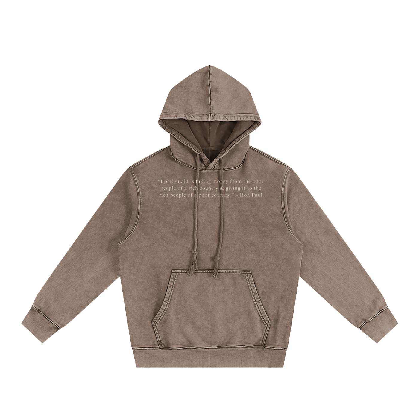 brown hoodie in premium cotton with foreign aid scam text call out