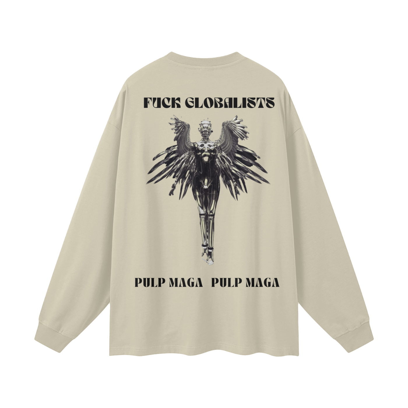fuck globalists essential graphic on long sleeve sand color streetwear shirt