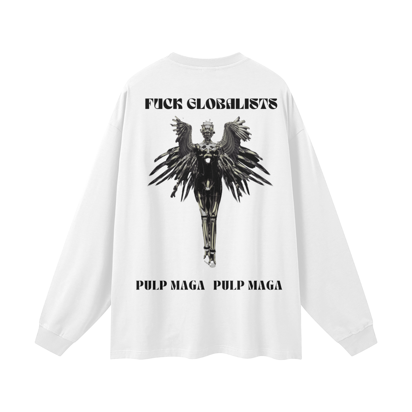 white editorial streetwear tee with tech angel oversize graphic and 'fuck globalists pulp maga text'